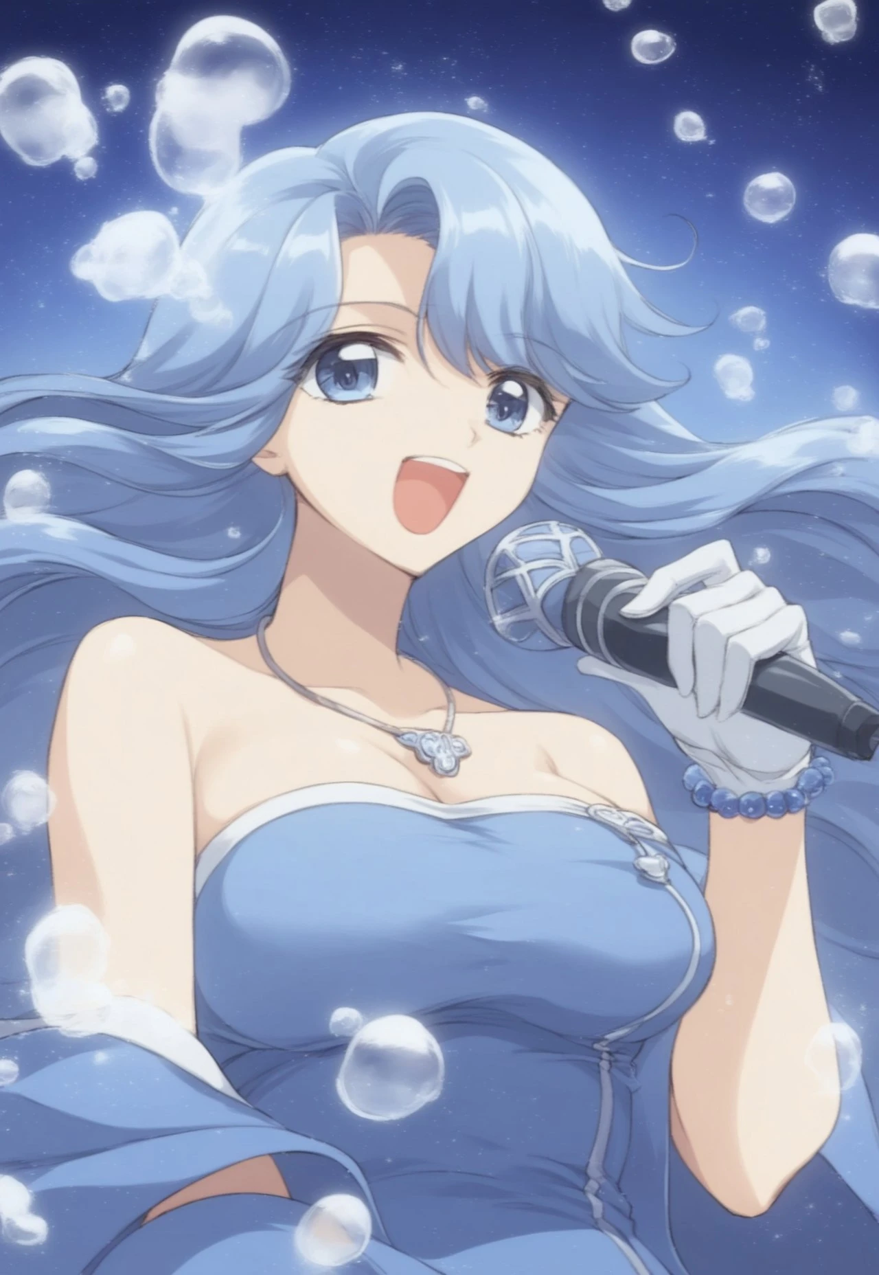 safe_pos, score_9,score_8_up,score_7_up, source_anime, 1girl, solo, noel, blue hair, long hair, blue eyes, tight dress, white gloves, off shoulder, bare shoulder, shell necklace, wrist jewelry, holding microphone, singing, big breasts, standing, sexy body, well-balanced body, looking at viewer, from front, front view, close up portrait, deep sea, underwater, under water, bubbles
