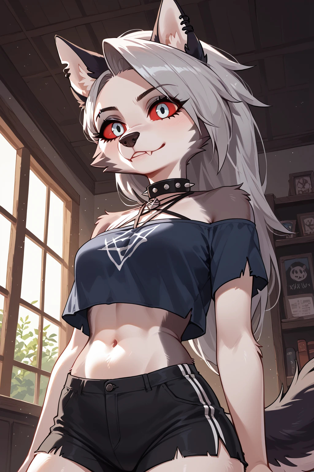 Art by lewdzure, Loona, 1girls anthro ass canine chair claws clothing demon female female only fully clothed fur furry furry only goth grey body grey fur grey hair hair hellhound legwear long hair phone red sclera shorts solo stockings tail white body white eyes white fur