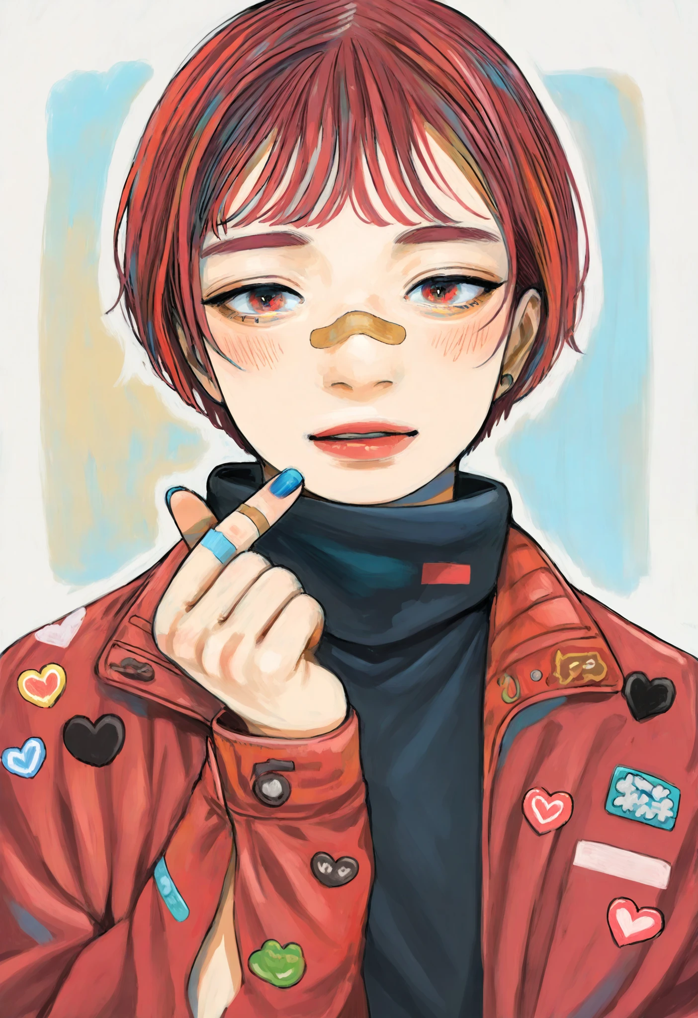 1girl, solo, red eyes, red hair, pixie cut, curly hair, short hair, black turtleneck, red jacket, open jacket, sticker, bandaid on nose, blue nails,
face focus, parted lips, looking at viewer, finger heart, blush,
masterpiece, best quality, amazing quality, absurdres, newest, colored pencil \(medium\),
<lora:warashiz:1>,
<lora:lora:0.5>