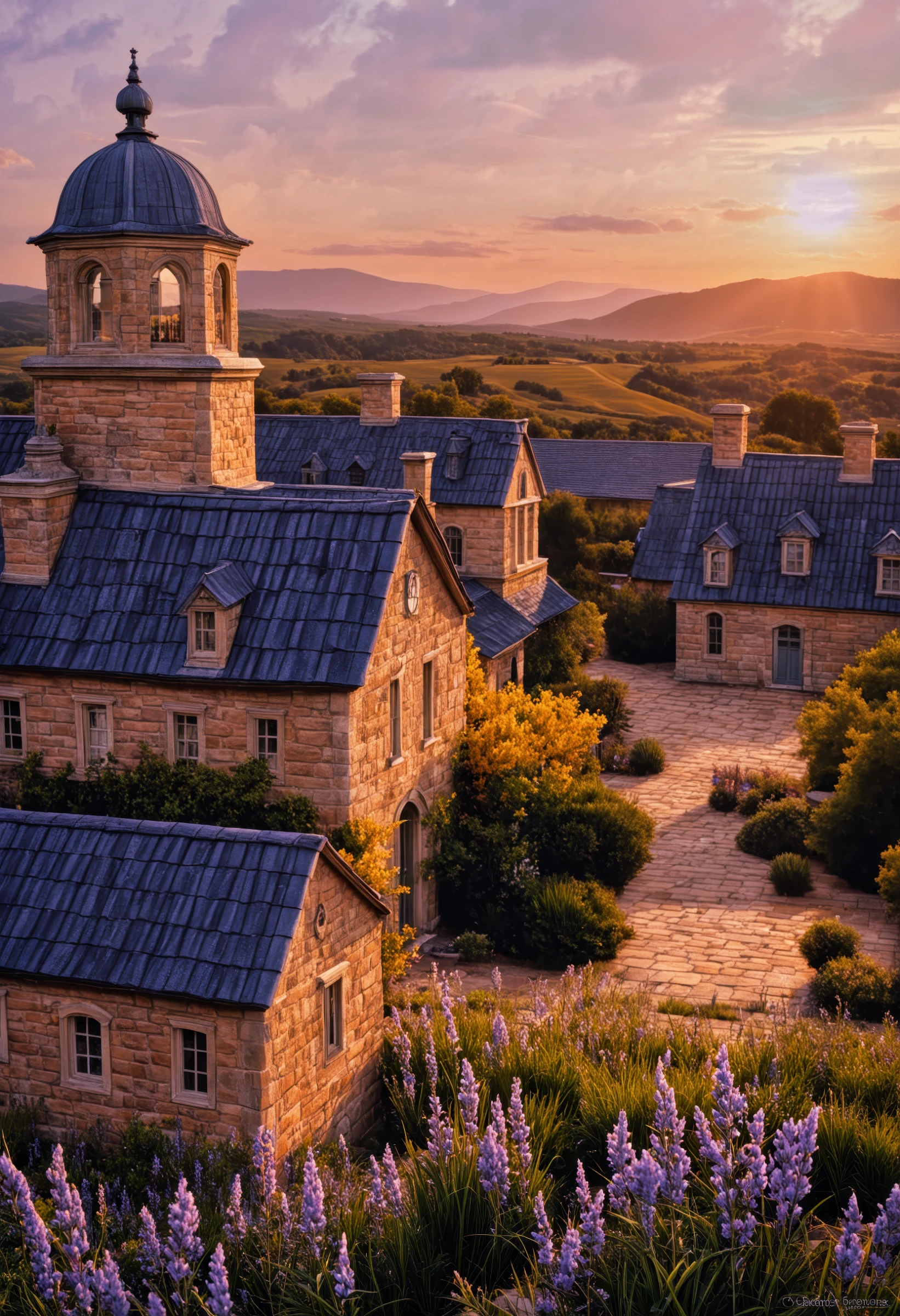 (masterpiece, best quality, ultra-detailed, realistic), Provence lavender field, (vintage cottage with terracotta roof), golden hour, (atmospheric depth:1.2), (warm color gradients:1.3), soft dreamy background