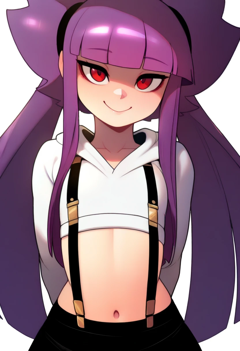 masterpiece, best quality, very aesthetic, absurdres,
1girl, althea, purple hair, blunt bangs, twintails, long hair, red eyes,
white cropped hoodie, white long sleeves, black suspenders skirt, navel, suspenders,
arms behind back,
smile, solo, looking at viewer, simple background, white background, <lora:AltheaNoobXL_byKonan:1>, <lora:EltonelNoobLocon_byKonan:1>
