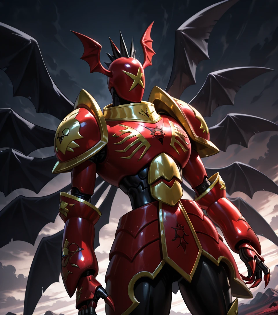 <lora:Shadowseraphimon_(Digimon)_(Illustrious)_(AD):1> Shadowseraphimon, Digimon, faceless,
8K, In'ei, chiaroscuro, volumetric lighting, photographic realism, 8K CGI render,
((5 pairs of wings, solo, clouds, dark anime clouds, Satanic landscape, dutch angle, evil, villain, soft detailed anime background, cowboy shot, deep metallic colors, shoulder focus, eyeless, noface, red armor with gold details, )),