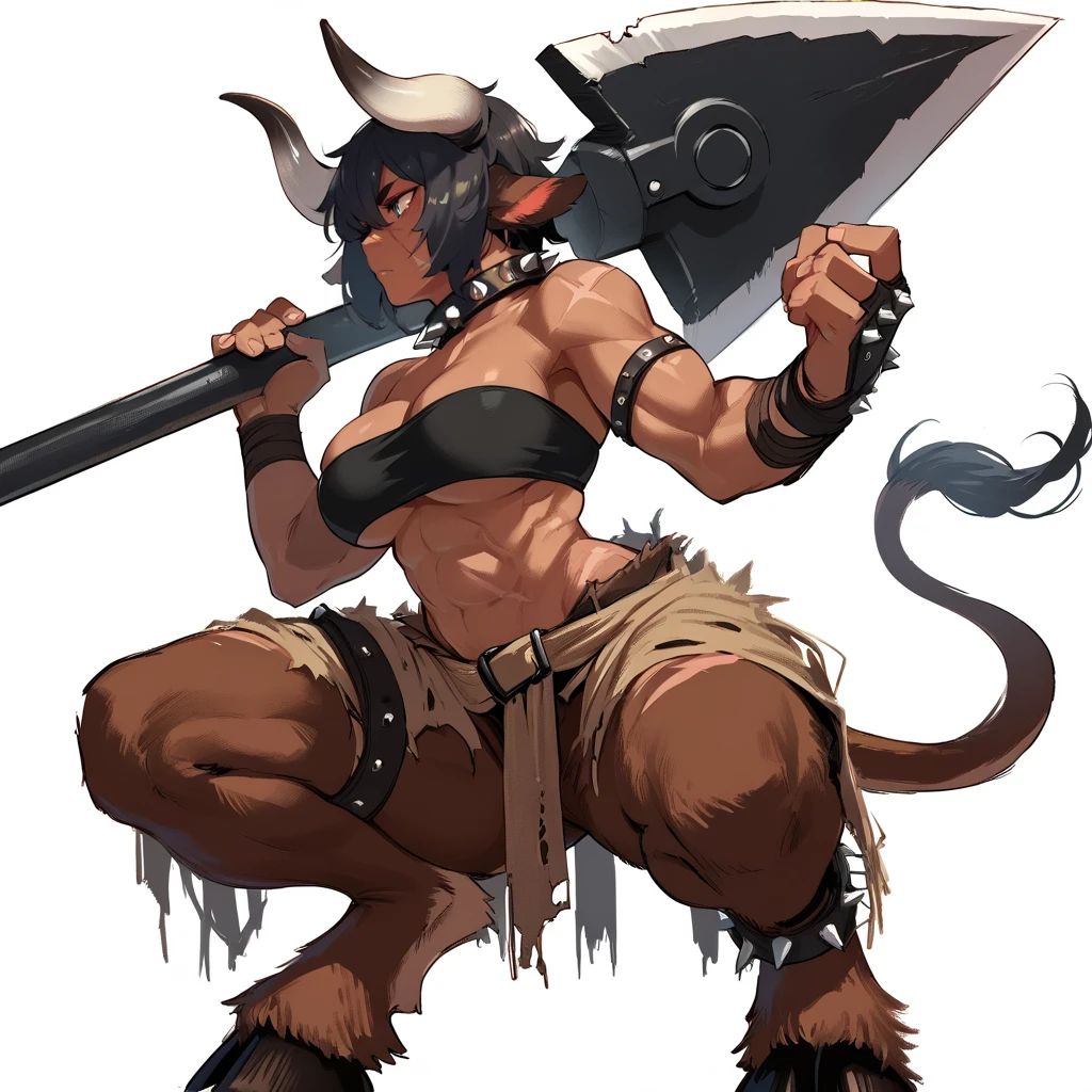 <lora:MGD_Belle-PONY:0.8> mgeminotaur, cow girl, monster girl, horns, animal ears, short hair, dark skin, spiked collar, muscular, curvy, large breasts, scars, single pauldron, bandeau, weapon over shoulder, polearm, loose belt, tail, squatting, digitigrade, hooves, white background, score_9, score_8_up, score_7_up, score_6_up,