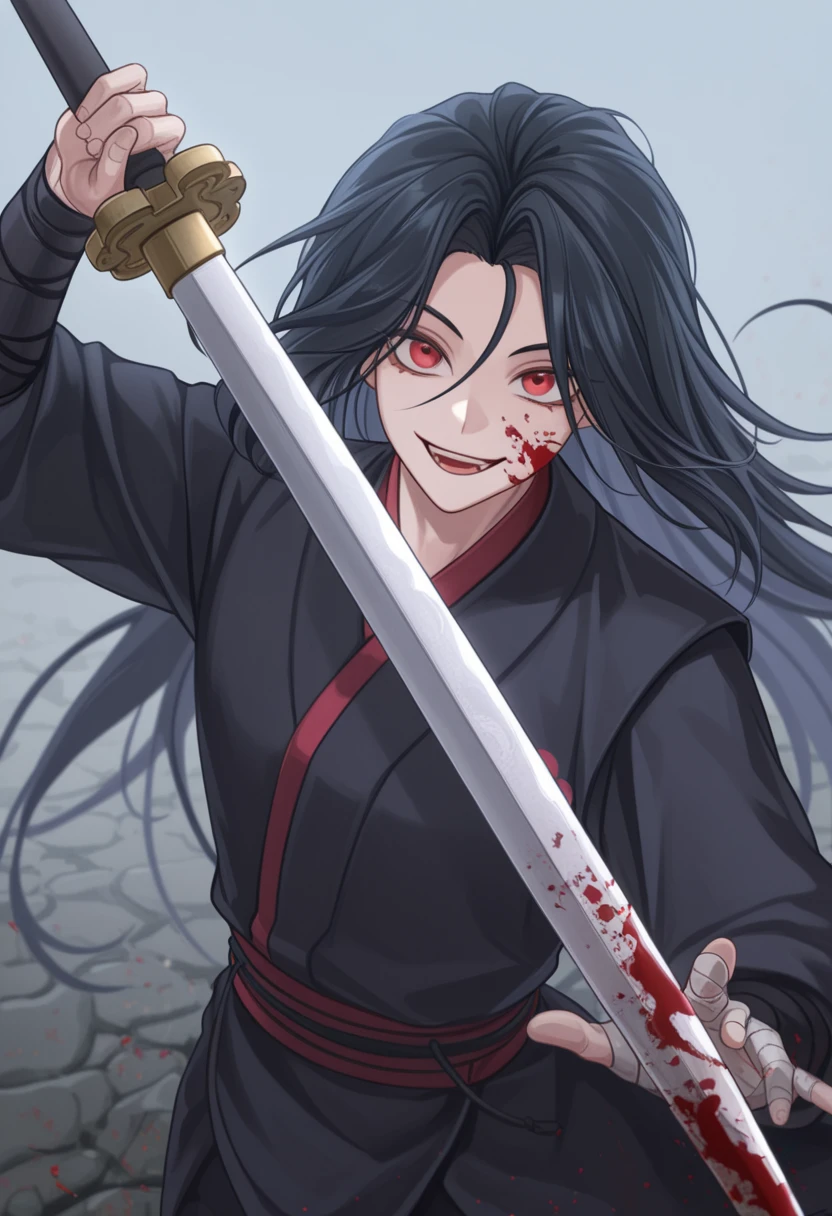 (masterpiece, high quality, amazing detail), return_of_the_mount_hua_sect, 1boy, solo, long hair, looking at viewer, smile, open mouth, black hair, red eyes, holding weapon, sword, blood, bandages, blood on face, <lora:return_of_the_mount_hua_sect:1>