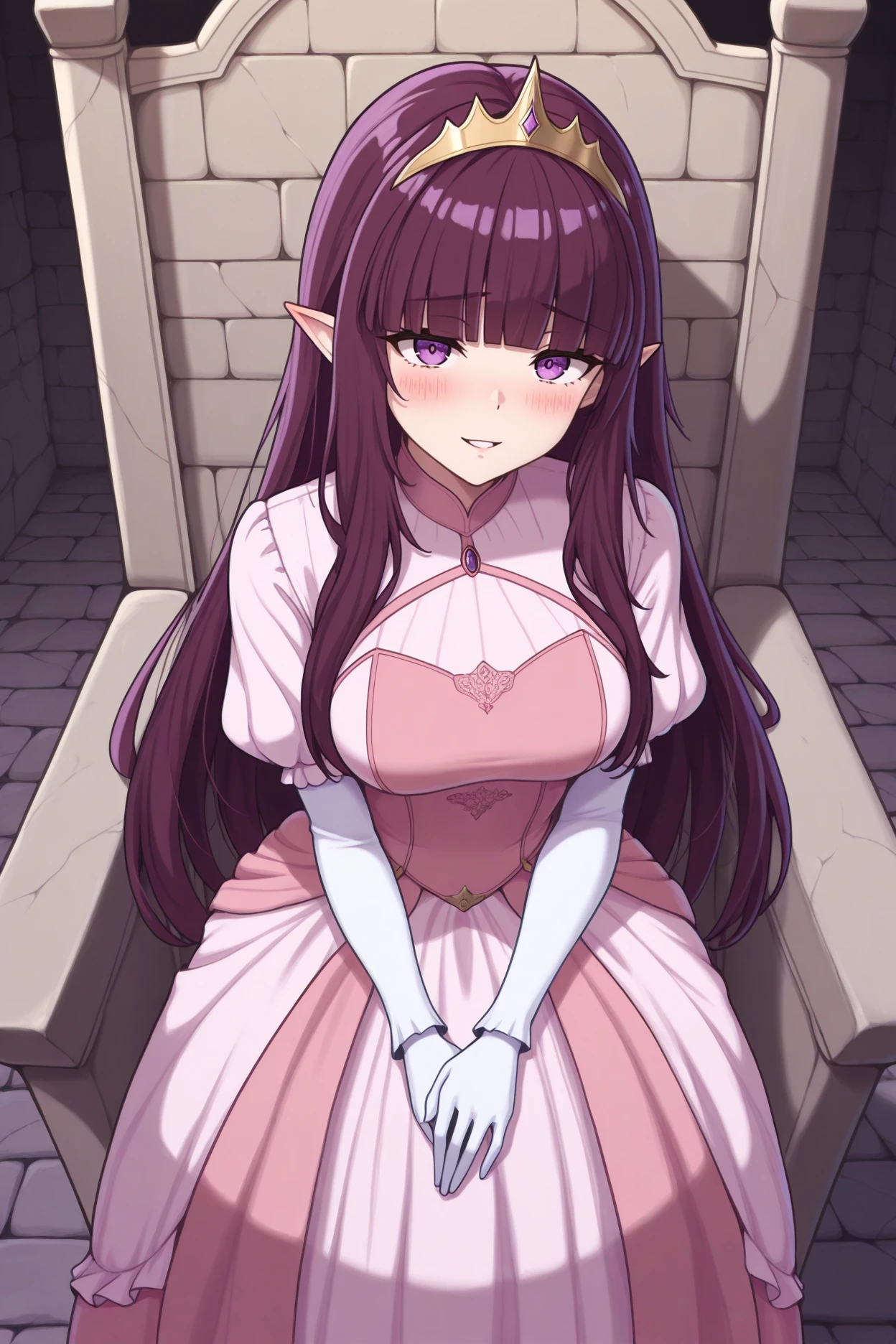 masterpiece, best quality, 1girl, solo,  <lora:eta-illu-nvwls-v1-000006:1> sdeta, purple hair, blunt bangs, long hair, purple eyes, medium breasts, tiara, pink dress, princess dress, white gloves, looking at viewer, smile, parted lips, nervous, blush, medieval, stone walls, stone floor, throne, pointy ears