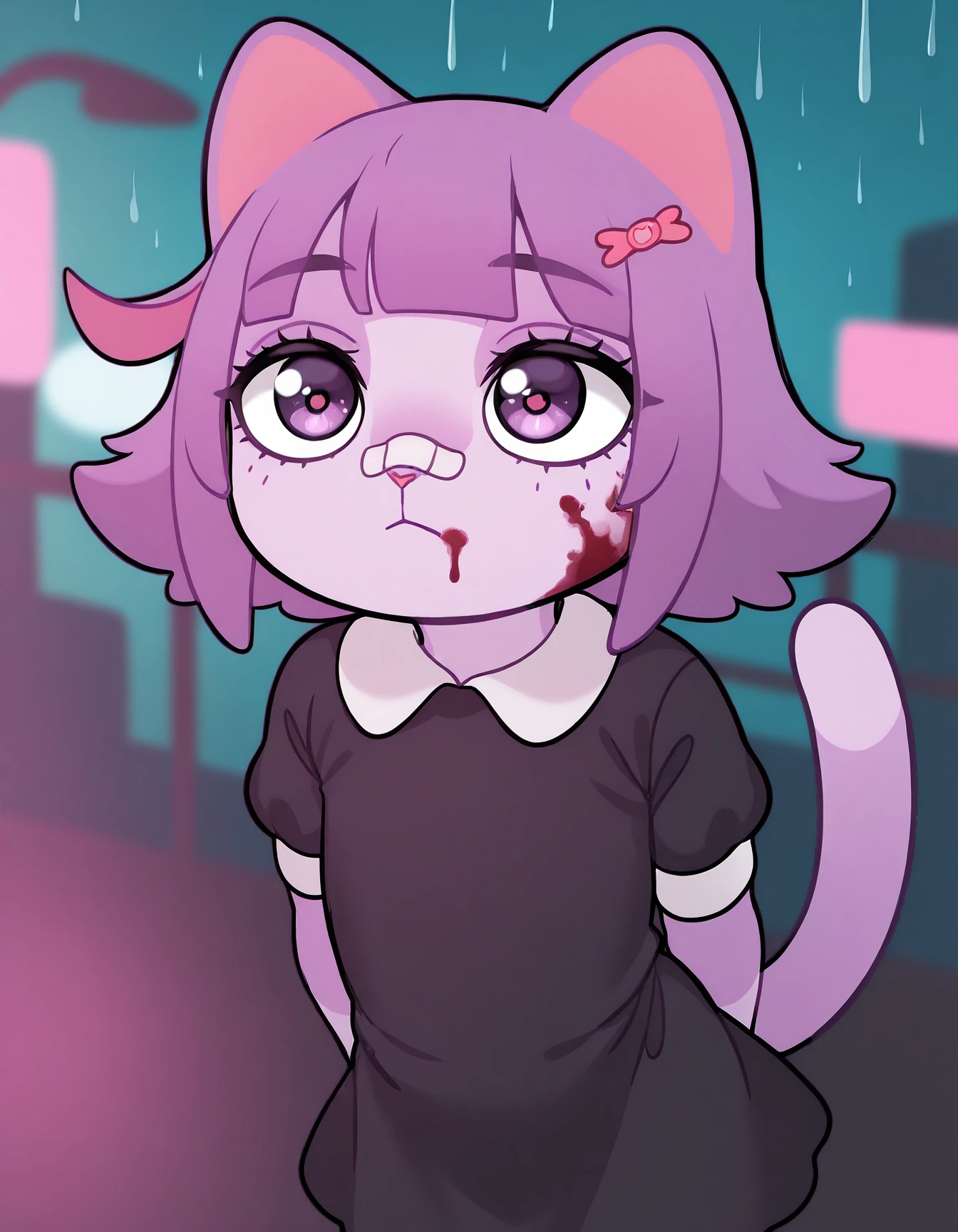 masterpiece, best quality, amazing quality, very aesthetic, high resolution, solo, furry, chibi
Masunya-vkstickrs, purple fur, short purple hair, cat ears, pink inner highlights, tail, black dress, short sleeves, white collar, purple eyes, bandaid on nose, blurry background, pink lighting, night, dark, pink theme, blood on face, rain <lora:YouLookLonelyIllustriousXL_byKonan:1>
<lora:Masunya-vkstickrs_il:0.9>