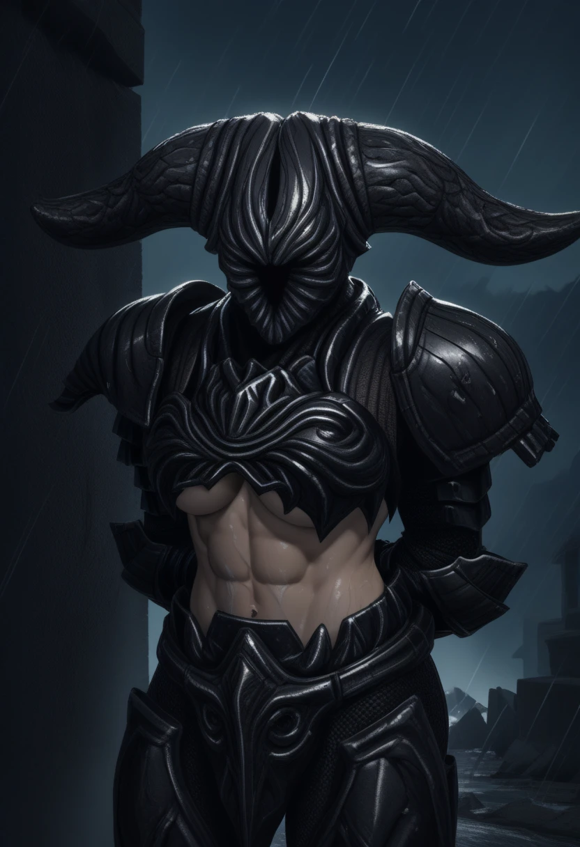 masterpiece, best quality, newest, hdr, dark, night, outdoors, rain, wet, dark clouds, star \(sky\), starry sky, solo, sda_rm0r, wearing sda_rm0r, black horned helmet, faceless, no mouth, no eyes, black shoulder armor, black breastplate, midriff, underboob, abs, toned, black gauntlets, black faulds, black greaves, underboob, abs, toned, arms behind back, leaning forward, red moon
<lora:Smelter Demon Armor And Swords:0.7>