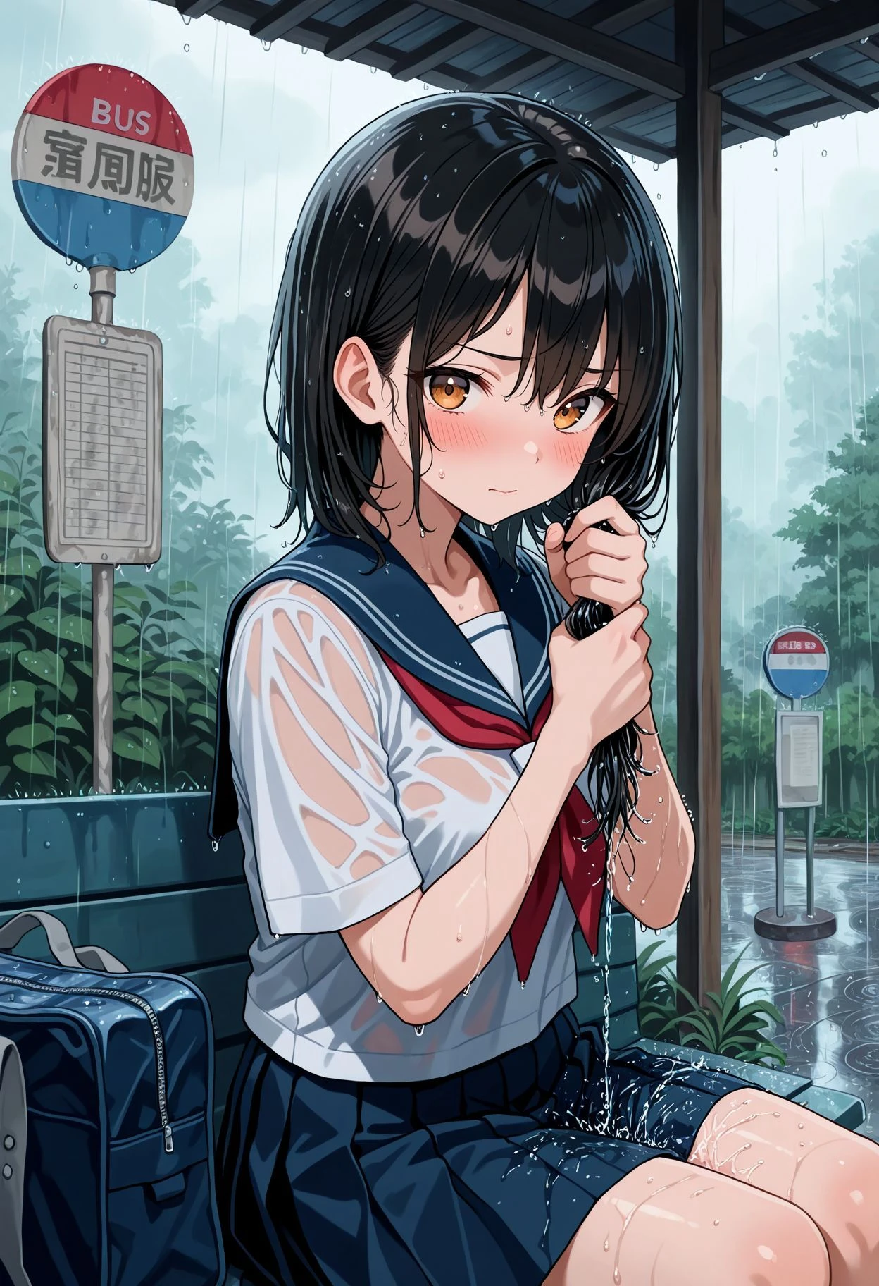 masterpiece, best quality, very awa
1girl, outdoors, nature, bus stop, raining, sitting, school uniform
<lora:washinghair-il2:1> washinghair, wringing hair, medium hair, holding own hair, wet hair, looking at viewer, blush, embarrassed