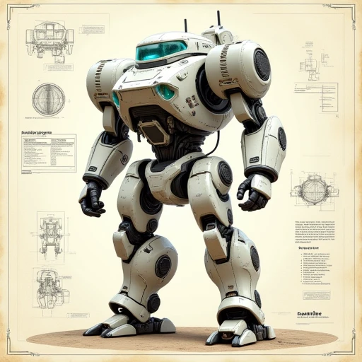 "A futuristic mech suit rising from hand-drawn blueprints on vintage paper, blending sketch lines with polished 3D rendering."