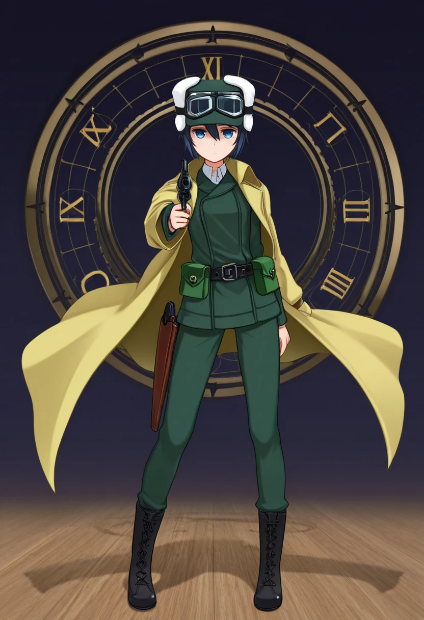 ambient occlusion, raytracing, Masterwork, KinoJNT, 1girl, weapon, gun, handgun, solo, fur hat, hat, revolver, green pants, goggles on headwear, short hair, goggles, holding weapon, holster, coat, holding, holding gun, pouch, green jacket, jacket, pants, hair between eyes, looking at viewer, belt, androgynous, boots, black footwear, blue eyes, clockwork background, shirt, belt pouch <lora:Dramatic Lighting Slider:1> <lora:Kino_Kino_no_Tabi_Illustrious:1>