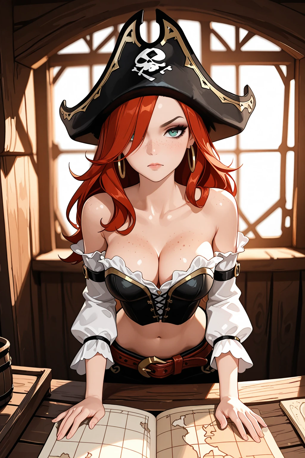 masterpiece, good quality, best quality, very awa, very as2, absurdres, highres, 3d
<lora:Miss FortuneilluLoRA:1>mssfrtun, long hair, makeup, freckles, pirate hat, hoop earrings, bare shoulders, off shoulder, bustier, long sleeves, hair over one eye, cleavage, detached sleeves, belt, midriff, pants, cross-laced clothes, in a wood cabin, wood table, behind table, planted hands, map on table, serious look, hands apart