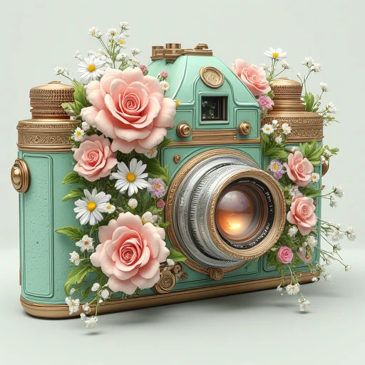 This is a highly detailed, realistic digital illustration of a vintage-style camera, rendered in a whimsical, almost fantastical manner. The camera is depicted as a beautifully adorned, antique-style piece with intricate floral arrangements covering its surface. The body of the camera is a mint green color with intricate detailing, including brass accents and a silver lens. The lens is a large, detailed focal point with intricate, sparkling textures, and a visible reflection of soft, warm light. The camera is adorned with a lush arrangement of flowers and foliage. The flowers include soft pink and white roses, daisies, and delicate white flowers with small, delicate petals, interspersed with tiny, delicate green leaves and baby's breath.