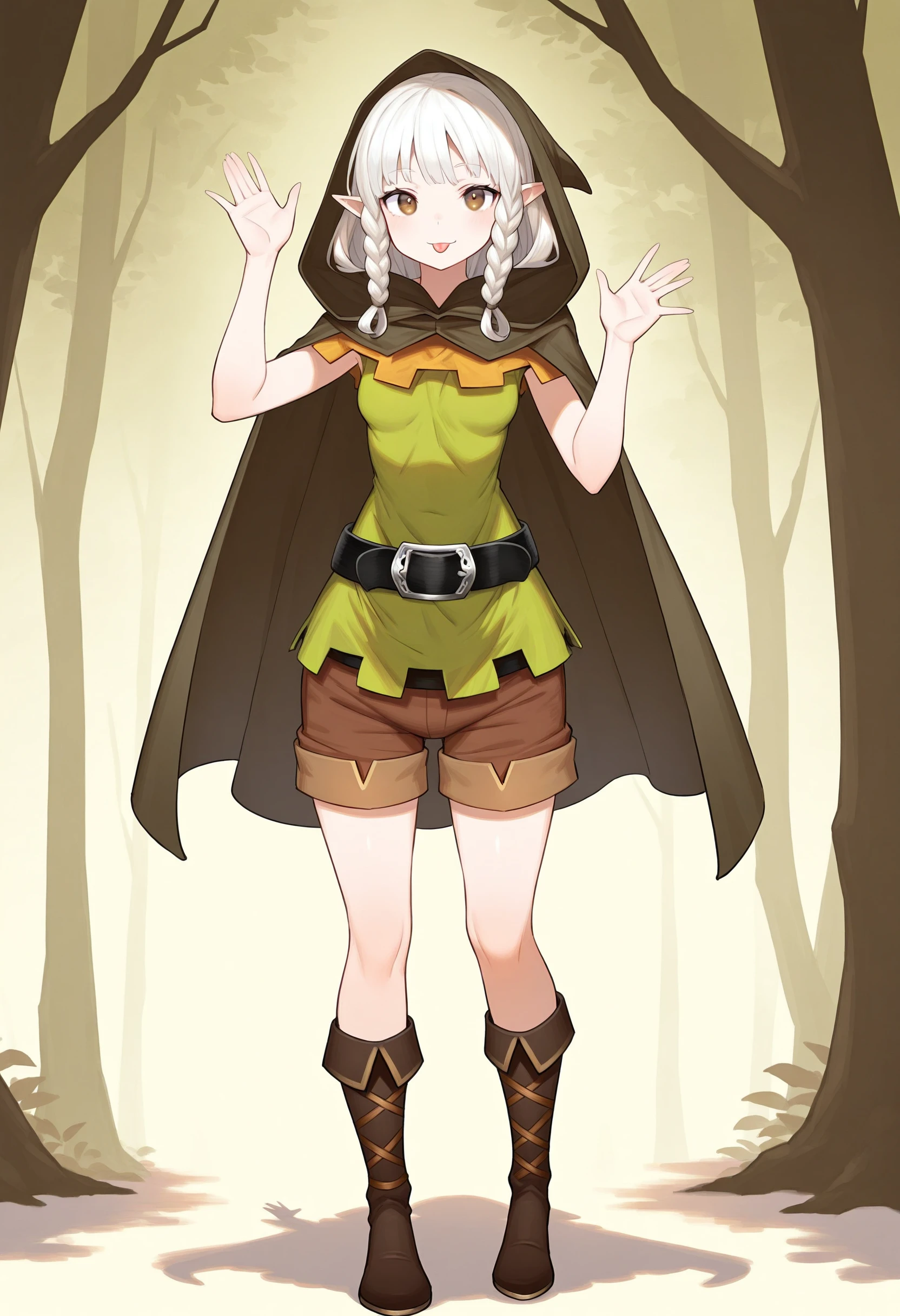 masterpiece,best quality,
gradient background, Forest background,looking at viewer,
elfill, 1girl, braid, twin braids, solo,small breasts, ,white hair,tunic,full body, shorts, boots, standing, shadow, hood, cloak.waving, :p,
<lora:elfill2-000004:1>,