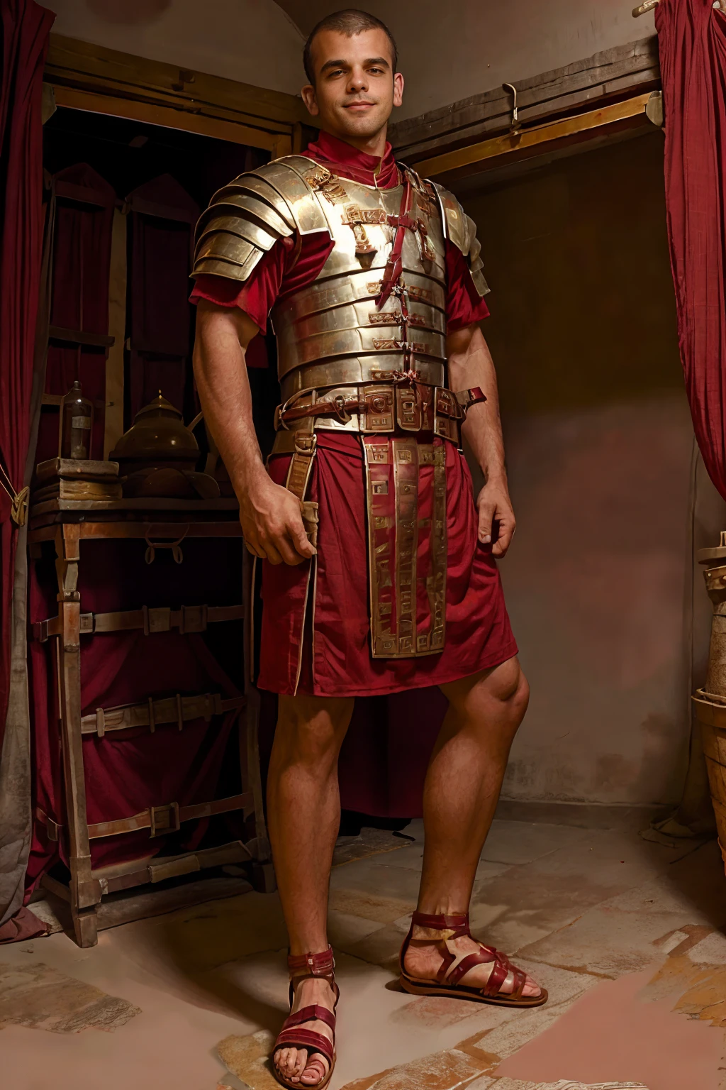 barracks of a Roman fort, slight smile, DamienCrosse is wearing loriseg armor, (red tunic), (red shirt), (sandals), slight smile, (((full body portrait))), (full body), wide angle, <lora:loriseg:0.7> <lora:fantrome_v3:0.5> <lora:DamienCrosse:0.85>