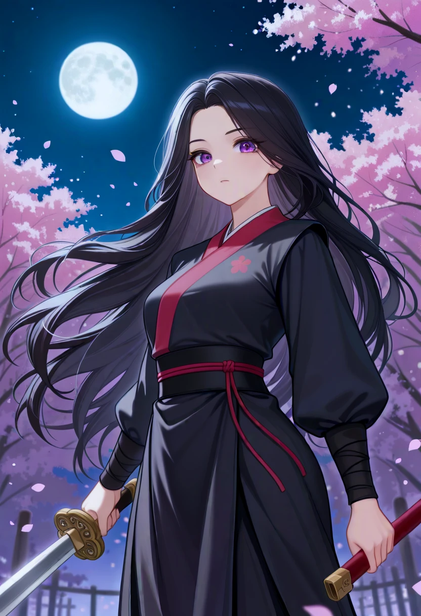 (masterpiece, high quality, amazing detail), return_of_the_mount_hua_sect, 1girl, solo, long hair, looking at viewer, black hair, long sleeves, holding, purple eyes, night, holding sword, moon, looking at viewer, cherry blossoms, <lora:return_of_the_mount_hua_sect:0.9>