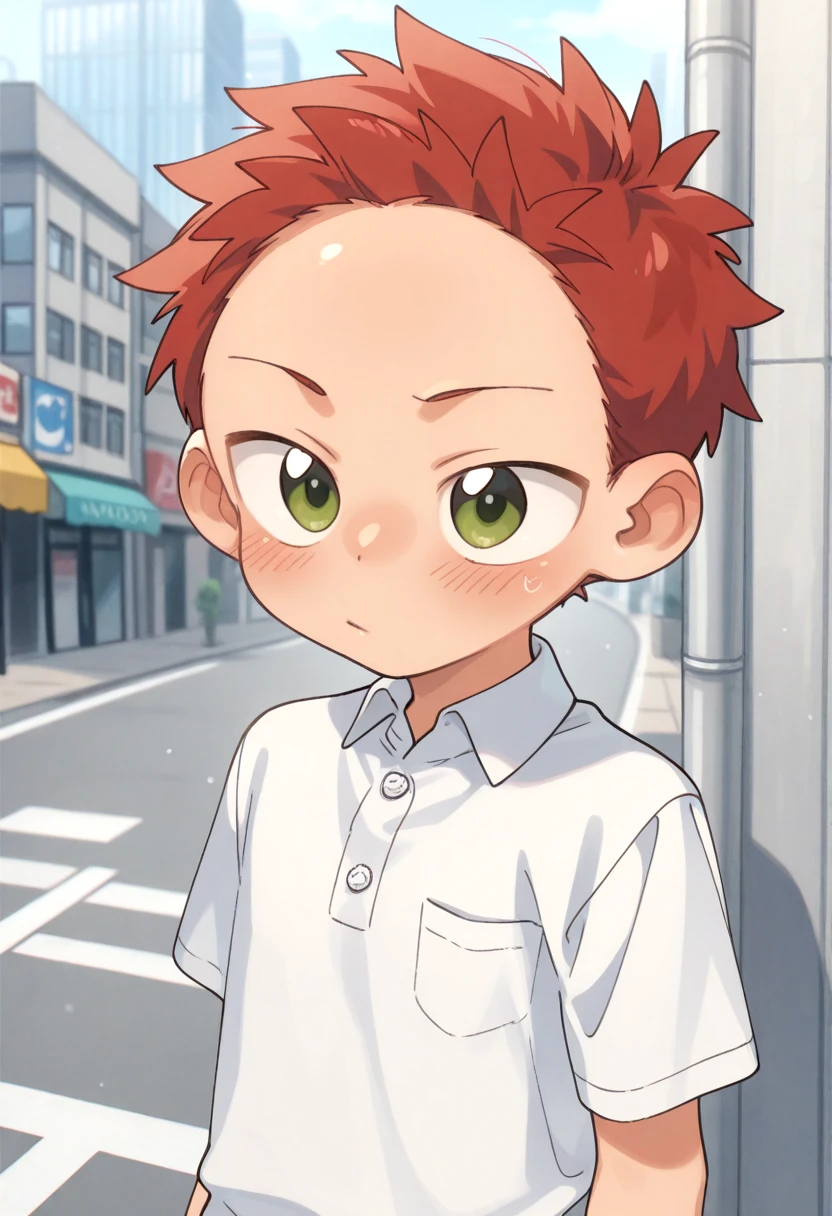 <lora:cutifiedanimecharacterdesign_variant_type_D_IL_v10:1>
type-d, solo, blush, short hair, 1boy, green eyes, male focus, red hair, city, white polo shirt, happy face expression,