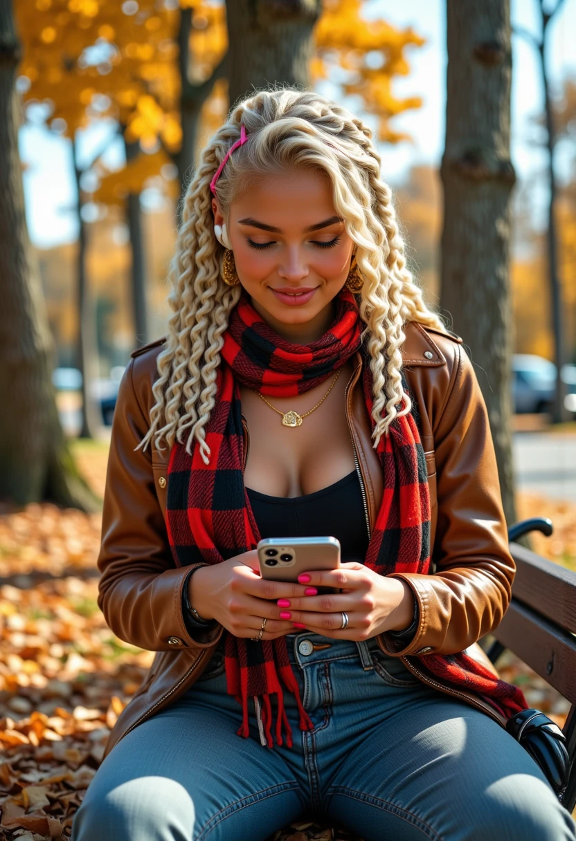 smiling, she is approximately 18 years old,full body view, dynamic angles, multiple angles, photoshoot poses; Krist@n, a woman with blonde braids, wearing a gold necklace, and red and black checkered scarf, a brown leather jacket, blue denim jeans and black boots, she is wearing pink headphones, looking down at the iphone in her hands. She is sitting on a bench, waiting for a bus, a beautiful park is in the background, is painted in a realistic style, she is in a white room, she is posing for the camera with a smile on her face. The painting captures her smiling expression and the details of her outfit. which adds to the focus on the girl's face and her outfit. The overall composition is a beautifully rendered portrait of a young girl. 32k UHD, expressive eyes, punk, graphic design, girl's face, pretty and cute, gleaming lips, telling a tale of adventure. Exuding confidence and serenity. The overall mood of the image is happy and relaxed,detailed skin texture,(blush:0.2),(goosebumps:0.3),subsurface scattering,with a playful and whimsical tone, Detailed hand, perfect hands, Niji style, retro50s_style,