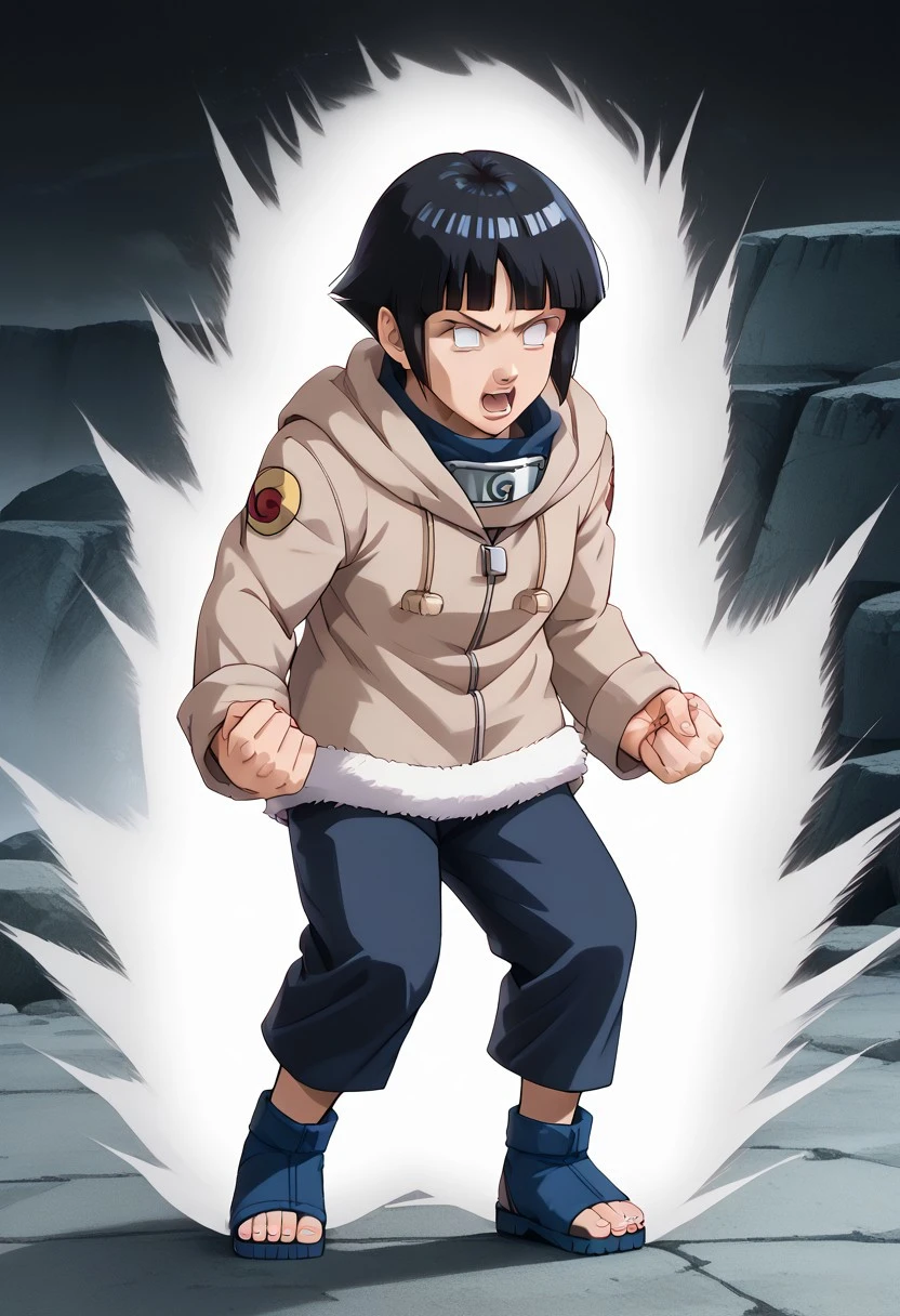 hyuuga hinata,solo, 1girl, black hair, short hair, white eyes, no pupils,upper body, close up ,
jacket, coat, forehead protector, fur trim, konohagakure symbol, long sleeves, pant, sandals, full body,Kipowerup, small ki,glowing energy field, sharp jagged energy waves,energy radiating from skin, white aura, feet shoulder-width apart, knees slightly bent, strong grounded stance, arms bent at elbows, fists clenched tightly, visible muscle tension, intense expression, mouth open in yell, roaring pose