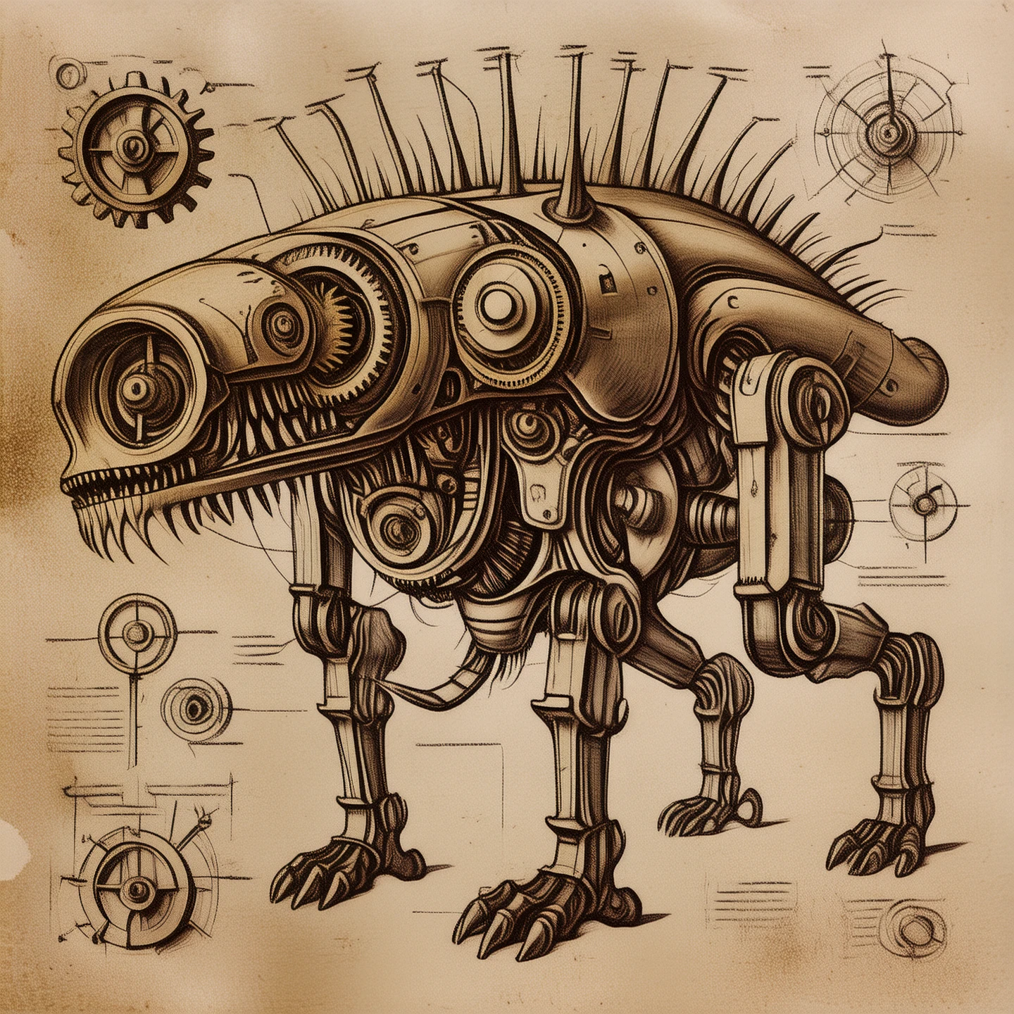 Diagram of a mechanical monster on old parchment.
dvnciCE_style