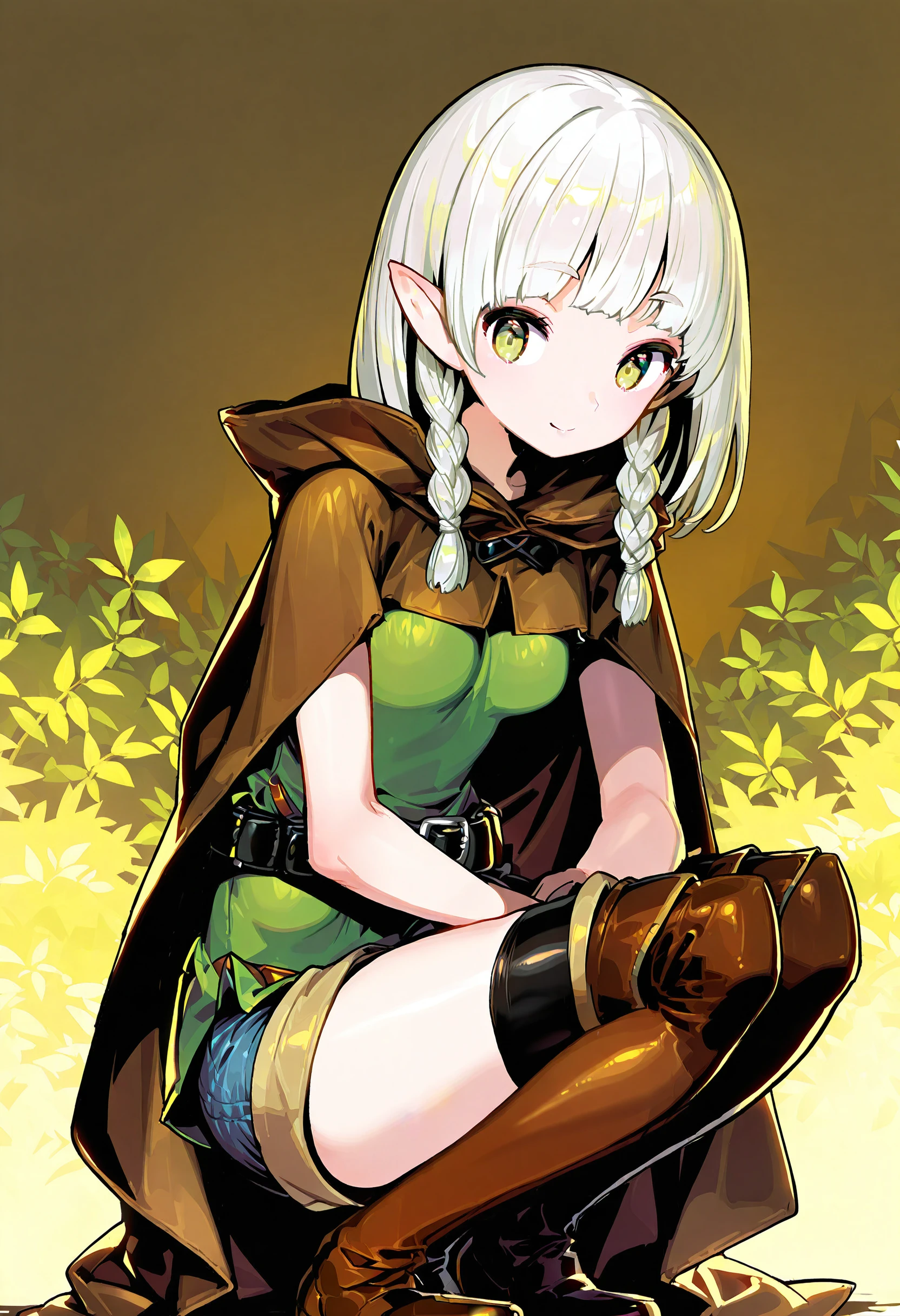 masterpiece,best quality,
cloak, belt,
elfill, 1girl, braid, twin braids, solo,small breasts, ,white hair,tunic,full body, upper body, light smile,shorts, squatting, boots, thighhighs,
<lora:elfill2-000004:0.7>, <lora:gyokaiXLillokrV53P1:1>