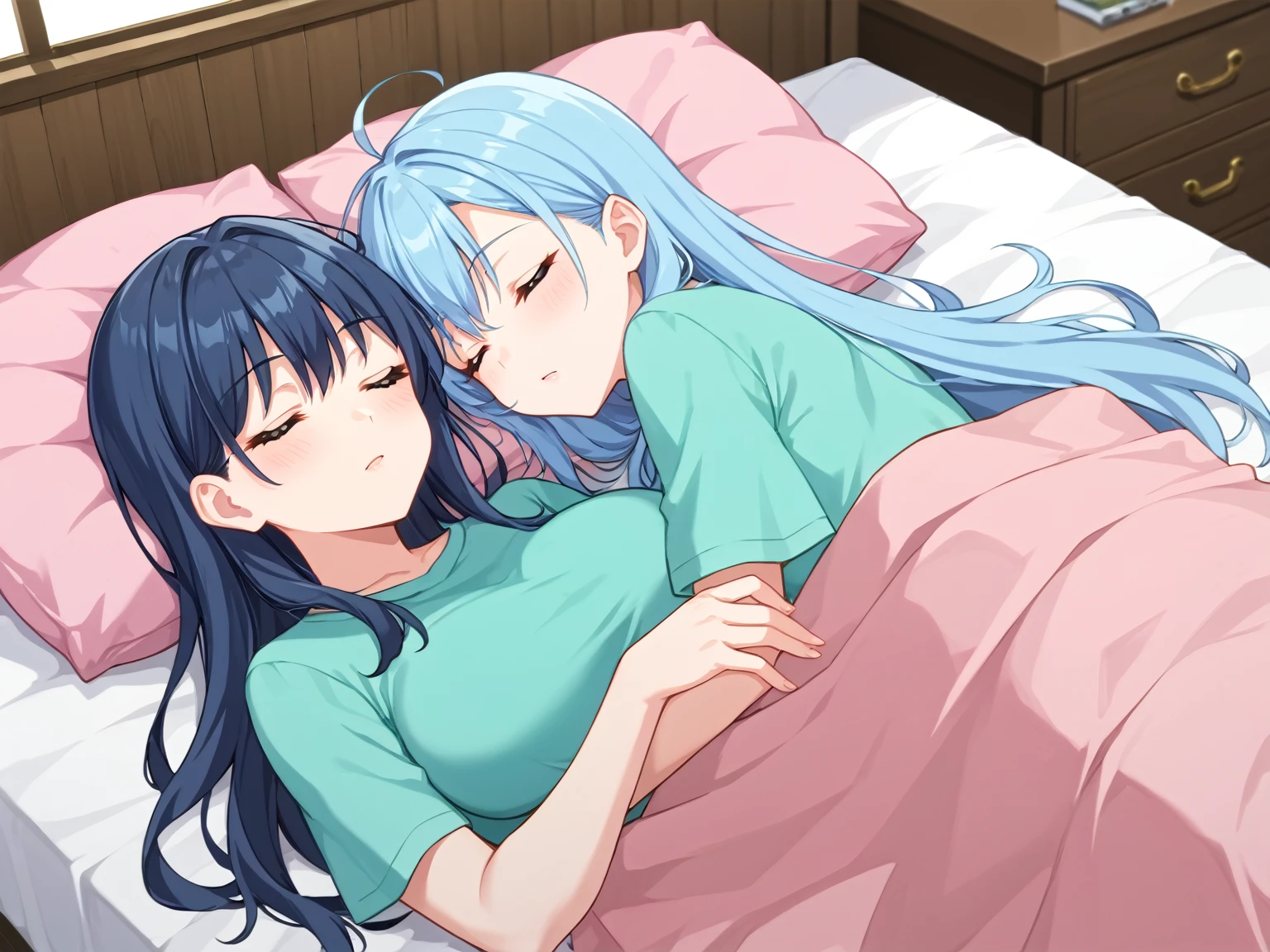 score_9, score_8_up, score_7_up, score_6_up, source_anime, anime screencap, blnkt, sfw, 2girls, multiple girls, green clothes, pink blanket, lying with blanket, under blanket, blanket on legs, bed, blue hair, long hair, mature, closed eyes, sleeping, indoors, (portrait), detailed background, Hyperdetailed, Extreme Detail, 4K Resolution, Masterpiece, Best Quality <lora:Wrapped_In_A_Blanket_-_RealmRabbit:1>
