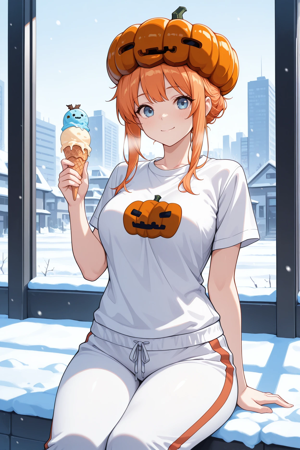 masterpiece, best quality, 1girl, solo, <lora:snowgolem-illu-nvwls-v1-000006:1> mtsnoglm, pumpkin hat, orange hair, sidelocks, blue eyes, white t-shirt, white track pants, snow, sitting, holding ice cream, smile, city, medium breasts, looking at viewer
