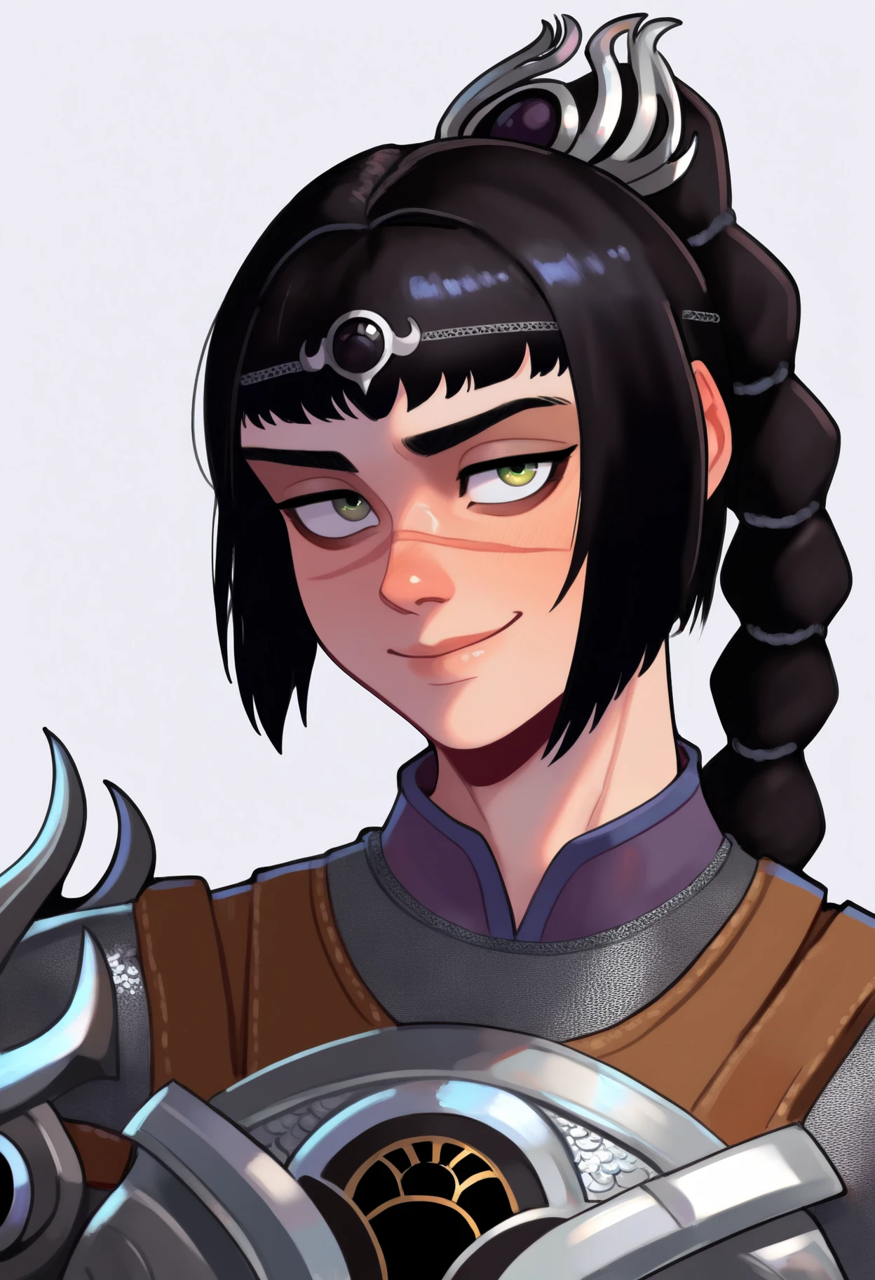 best quality, amazing quality, very aesthetic, absurdres,
1girl, solo, shadowheart, black hair, braided ponytail, green eyes, scar on face, circlet, armor,
smile, looking at viewer, upper body, simple background, white background, <lora:EltonelNoobLocon_byKonan:1> <lora:ShadowHeartIllustrious_byKonan:1>