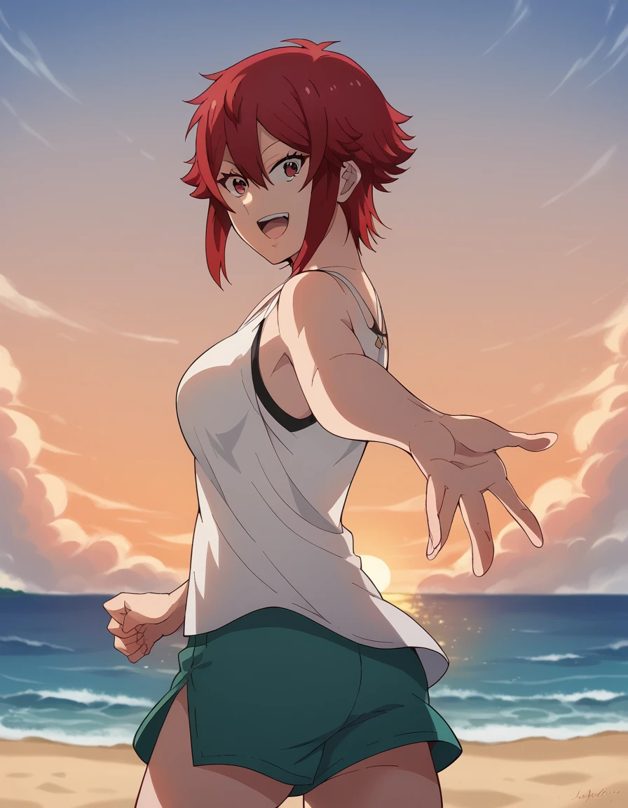 score_9, score_8_up, score_7_up, source_anime, <lora:tomo-aizawa-ponyxl-lora-nochekaiser:1>, tomo aizawa, short hair, red eyes, hair between eyes, red hair, medium breasts, <lora:looking-back-reaching-towards-viewer-ponyxl-lora-nochekaiser:1>, looking back reaching towards viewer, looking at viewer, solo focus, smile, looking back, open mouth, reaching towards viewer,, ocean, beach, outdoors, sky, cowboy shot, sunset, clouds, thighs, solo,
