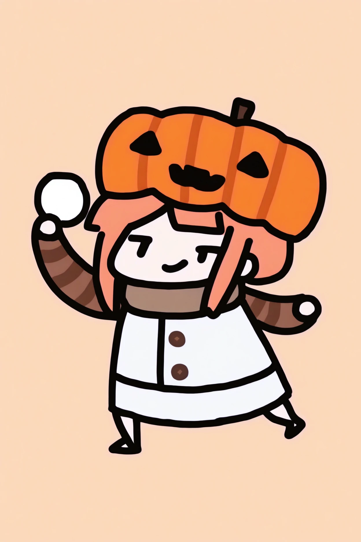 masterpiece, best quality, 1girl, solo <lora:snowgolem-illu-nvwls-v1-000006:1> mtsnoglm, pumpkin hat, orange hair, sidelocks, white coat, orange sleeves, buttons, white skirt <lora:style_walfie_illustriousXL-GLoRA:1> chibi, simple background, throwing snowball, smirk, full body