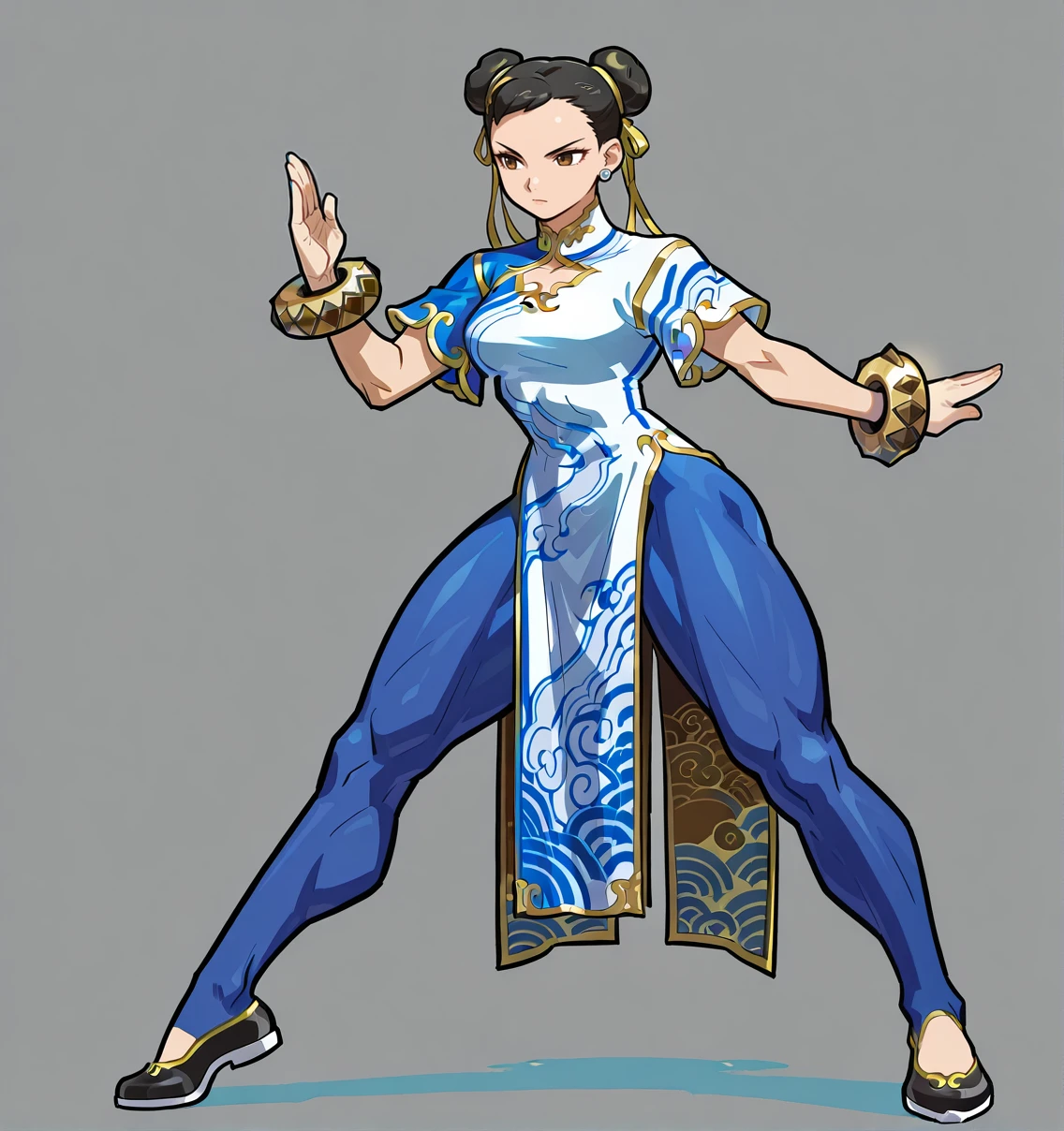 1GIRL, solo, full body, masterpiece, best_quality, absurdres, perfect quality, high quality , White background, simple background,,BREAK
<lora:Power_Stone_Style:1> powerstone,BREAK
<lora:Chun-li_SF6_illustrious_Leaf1:0.7> Chun-li_SF6, 1girl, solo, black hair, double bun, brown eyes, || china dress, blue pantyhose, || bracelet || black footwear,
