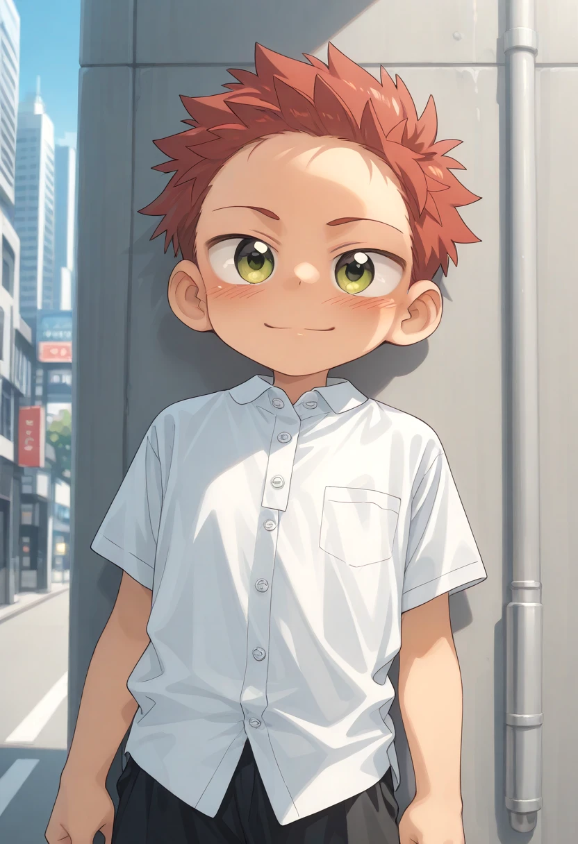 <lora:cutifiedanimecharacterdesign_variant_type_D_IL_v10:1>
type-d, solo, blush, short hair, 1boy, green eyes, male focus, red hair, city, white polo shirt, happy face expression,