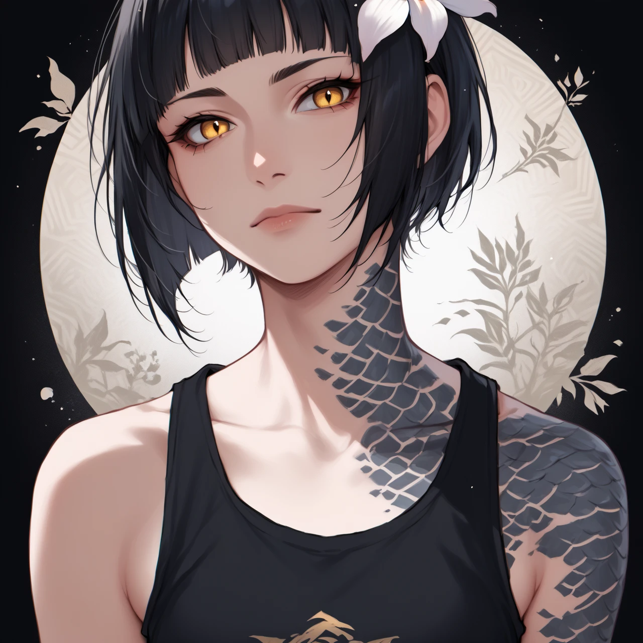 <lora:Concept_NeckTattoo-PONY:0.7> <lora:32dim-Nier_Kaine-PONY:0.7> kainekabuki, 1girl, solo, black hair, bob cut, short hair, blunt bangs, hair flower, yellow eyes, dragon scales tattoo, collarbone, shoulder tattoo, hair ring, tank top, full neck tattoo, upper body, looking at viewer, abstract background, score_9, score_8_up, score_7_up, score_6_up,