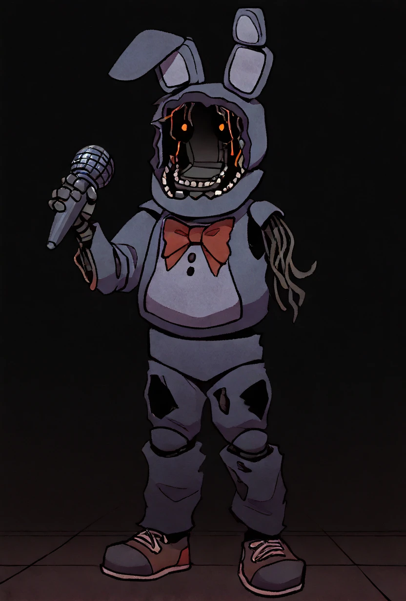 <lora:withbonnie-06:1> withbon, ((missing arm, amputated arm, wires ))no humans, bow, rabbit ears,, robot, dark background, horror scene, <lora:17bucks_Style_Illustrious:1> 17bucks, gradient color, 2d, standing, holding microphone, full body , earrings, hoodie, pants, shoes, masterpiece, best quality, amazing quality, very aesthetic, absurdres, newest,