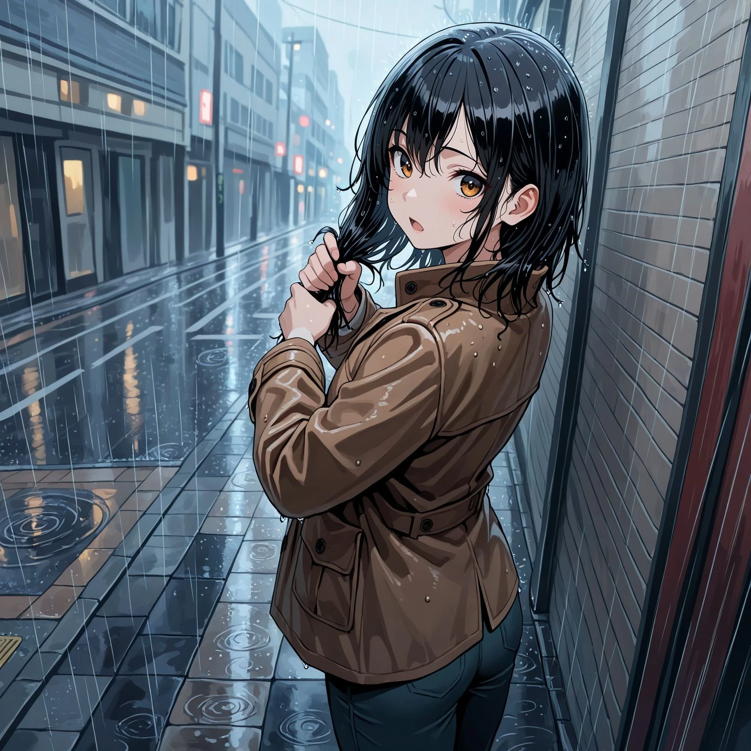 masterpiece, best quality, very awa
1girl, outdoors, street, raining, open mouth, looking at viewer, from side, looking back, against wall
<lora:washinghair-il:1> washinghair, medium hair, holding own hair, wet hair, wet clothes, coat, pants