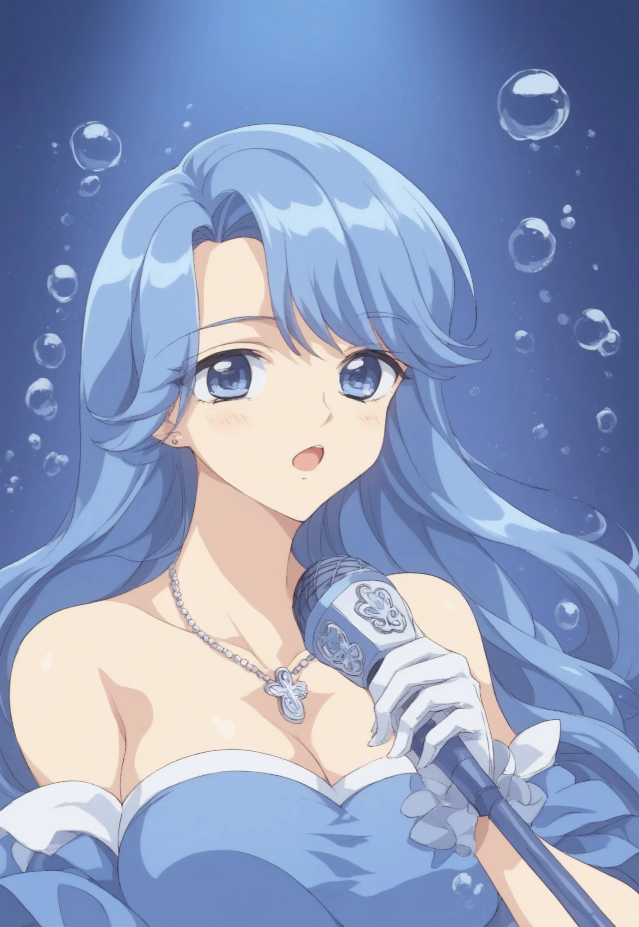 safe_pos, score_9,score_8_up,score_7_up, source_anime, 1girl, solo, noel, blue hair, long hair, blue eyes, tight dress, white gloves, off shoulder, bare shoulder, shell necklace, wrist jewelry, holding microphone, singing, big breasts, standing, sexy body, well-balanced body, looking at viewer, from front, front view, close up portrait, deep sea, underwater, under water, bubbles