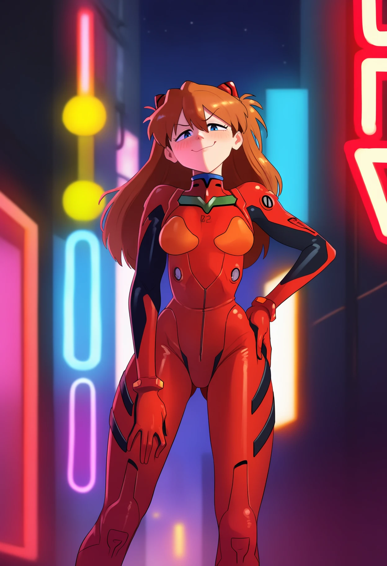 best quality, amazing quality, very aesthetic, absurdres,
1girl, asuka langley, red plugsuit, standing, smug, looking at viewer, futuristic background, neon light , buildings, night, <lora:EltonelNoobLocon_byKonan:1>