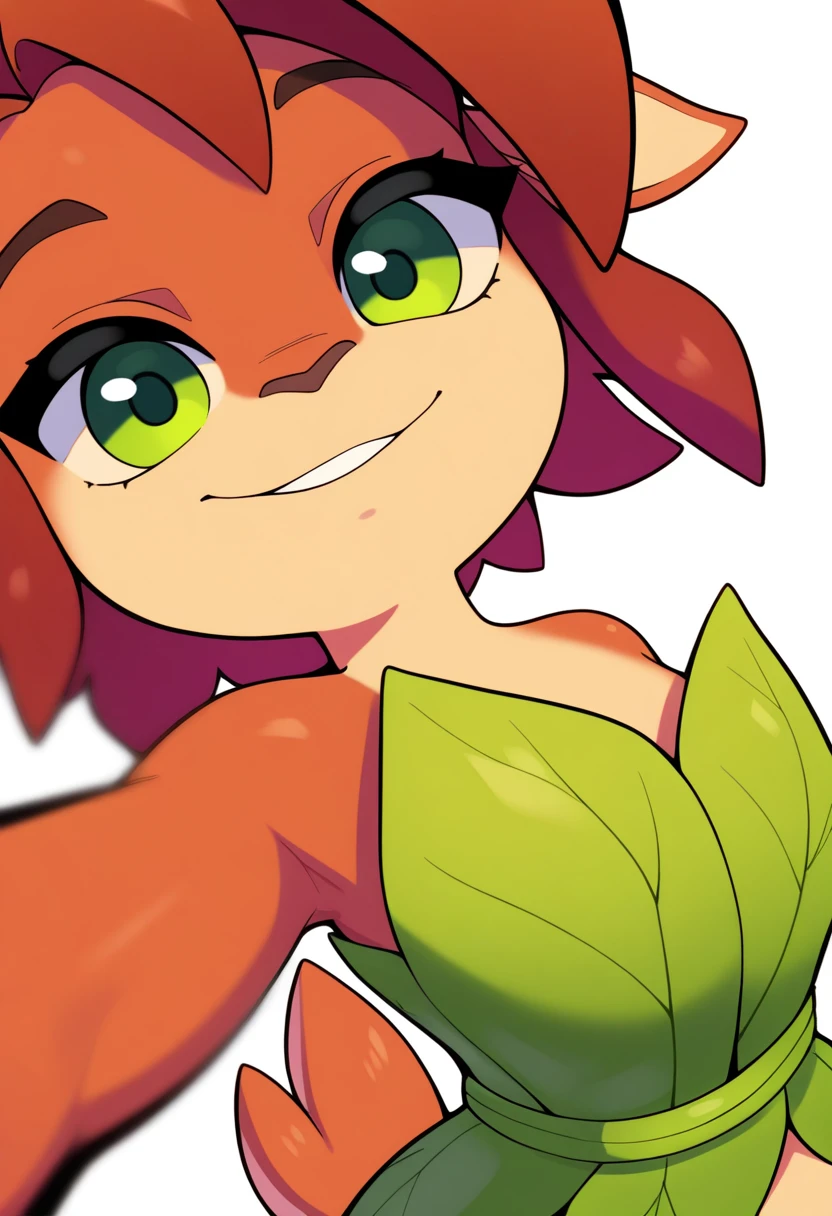 best quality, amazing quality, very aesthetic, absurdres,
1girl, elora, faun \(spyro\), red hair, mammal, anthro, deer, green eyes,
leaf dress, tail,
standing, upper body,
smile, looking at viewer, solo, simple background, white background, <lora:EloraNoobXL_byKonan:1>