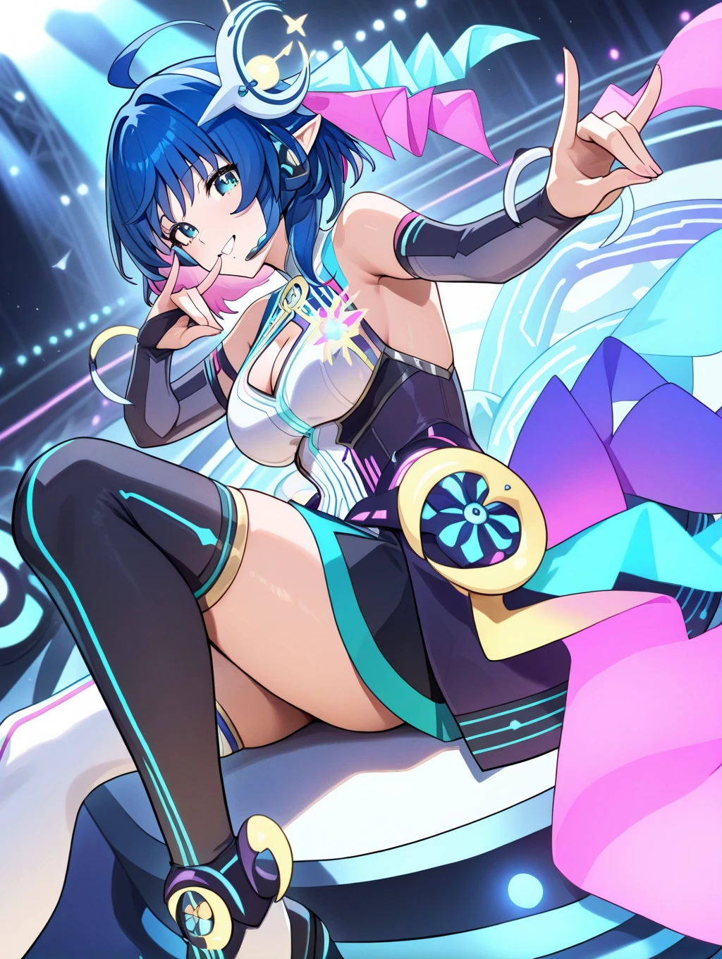 perfect quality,best quality,absolutely eye-catching,ambient occlusion,raytracing BREAK
1girl,<lora:rena utahime IL v1.1:0.9>,utahime,blue hair,hair ornament,pointy ears,cleavage cutout,detached sleeves,asymmetrical legwear,headset,stage,stage lights,, from side, looking at viewer,face_focus,on back,fox_shadow_puppet,hand_to_mouth,convenient_leg,