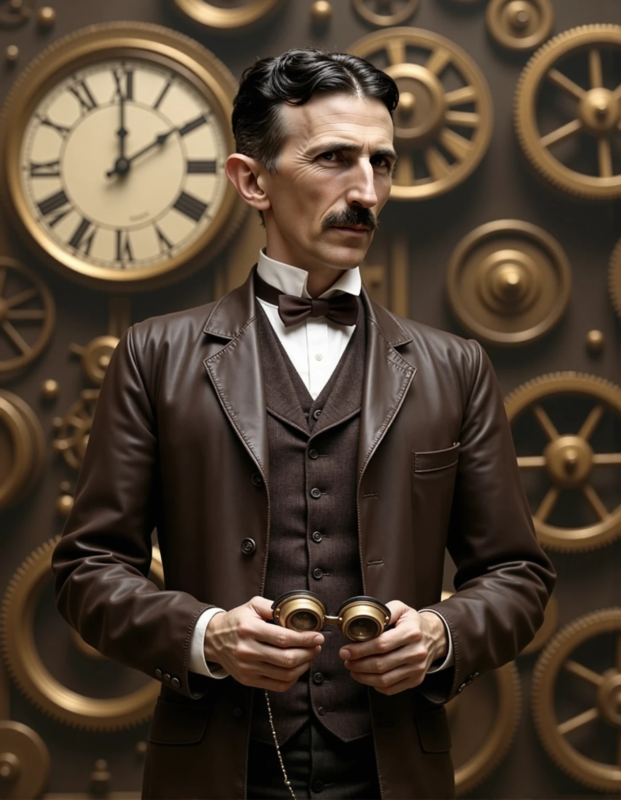 a highly detailed digital artwork in a steampunk style, featuring a Nikola Tesla with a stern expression. The man, who appears to be of European descent, has dark hair slicked back and a well-groomed mustache. He is dressed in a brown leather jacket over a white shirt and a dark brown vest, with a high collar and a bow tie, evoking a Victorian-era aesthetic. His attire is complemented by a brown leather belt and a pocket watch chain hanging from his waist.
In his hands, he holds a pair of brass goggles, which are characteristic of steampunk accessories, adding to the vintage industrial theme. The background is a rich tapestry of intricate gears, cogs, and clockwork mechanisms, all in a warm golden hue, suggesting a fusion of mechanical and organic elements. A large clock with Roman numerals is prominently displayed on the left side, further emphasizing the time-traveling, industrial feel of the artwork. The textures are smooth and polished, with a slight sheen on the metal components, contrasting with the soft, matte finish of the man's clothing. The overall composition is balanced, with the man's focused gaze drawing the viewer's attention centrally, amidst the complex, detailed backdrop. <lora:Tesla_instantID_OT_ep50:1>