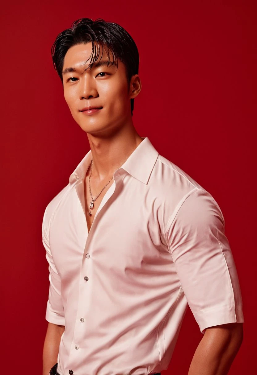 (best quality)), ((masterpiece)), (detailed), a handsome tall white skin tone asian biy with thick black hair, light pink lips showing abs wearing black half pant full body pic