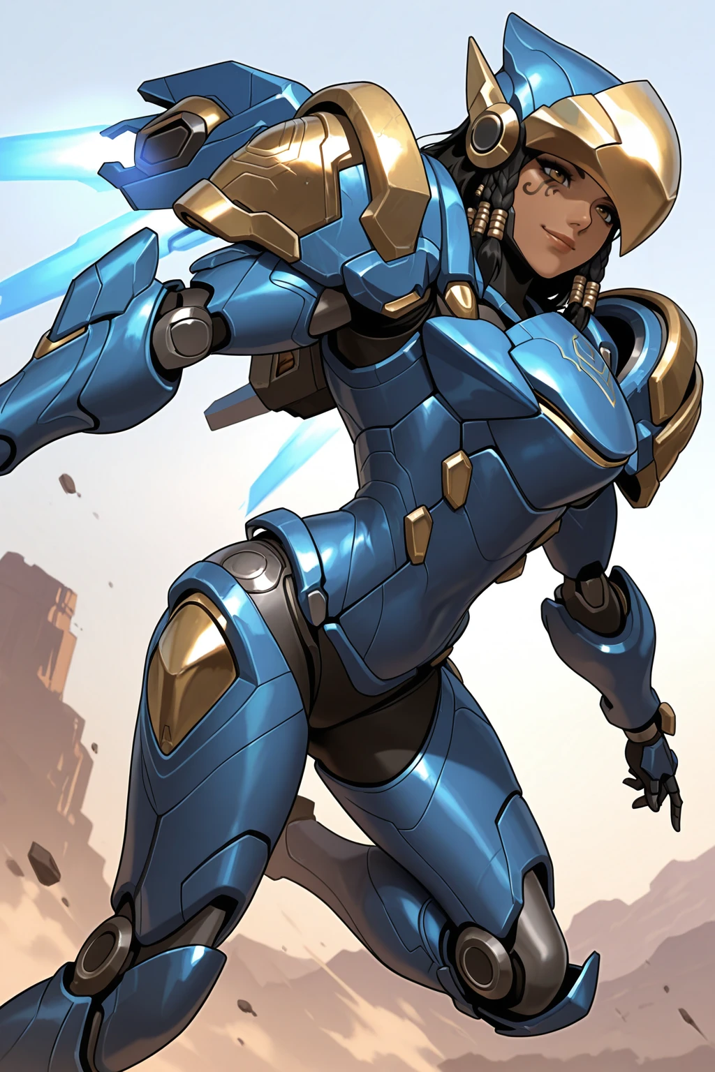 masterpiece, good quality, best quality, very awa, very as2, absurdres, highres,
<lora:PharahilluLoRA:1>phrah, hair tubes, facial tattoo, side braids, power armor, golden helmet, jetpack, thrusters, smile