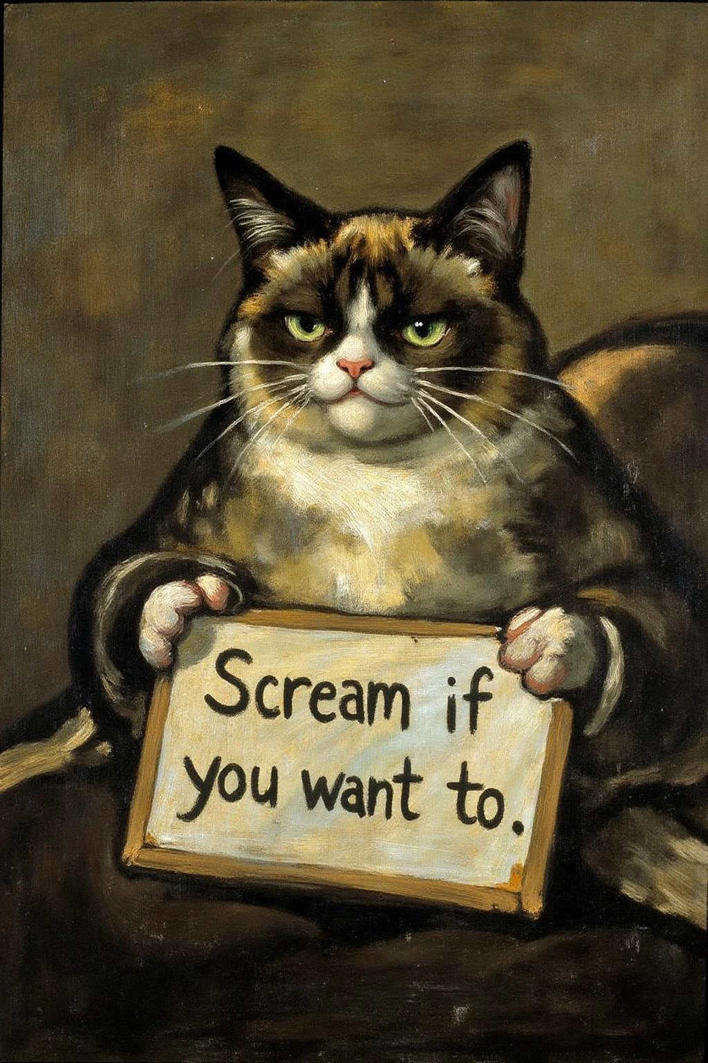 g0ya1 painting of Grumpy Cat holding a sign that says "Scream if you want to". <lora:g0ya2_cap_d6a3e12:1.0><lora:823863586234541115:0>