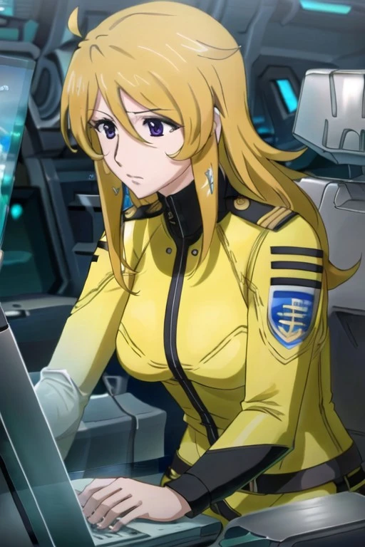 (masterpiece), mori yuki, dirty-blonde hair, long hair, purple eyes, 1girl, solo, uniform, yellow bodysuit, military, military uniform, bodysuit, computer, cockpit, hair between eyes