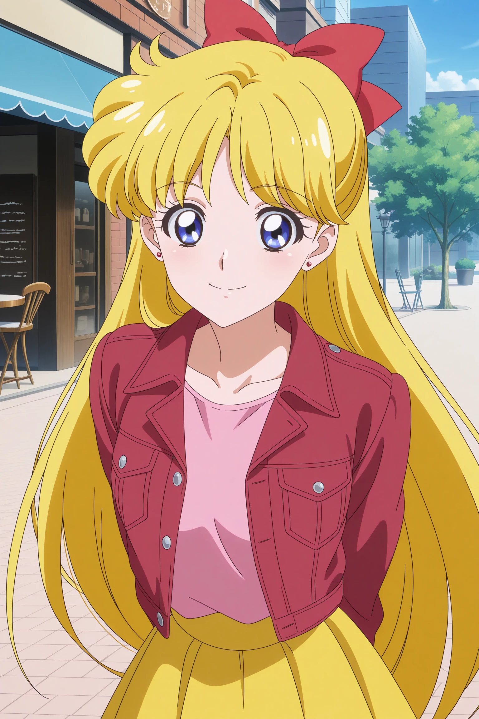 masterpiece, best quality, amazing quality, highres, absurdres, very aesthetic, high resolution, ultra detailed, perfect details, 1girl, solo, outdoors, day, cafe, aino minako, long hair, blonde hair, red hair bow, blue eyes, stud earrings, red jacket, denim jacket, pink shirt, [yellow skirt:green skirt:0.4], medium skirt, <lora:Minako_Aino_ILXL:0.8>, (aged up:1.2), (upper body), smile, looking at viewer, (dynamic pose:1.1), (anime screencap:1.5), (anime coloring:1.5)