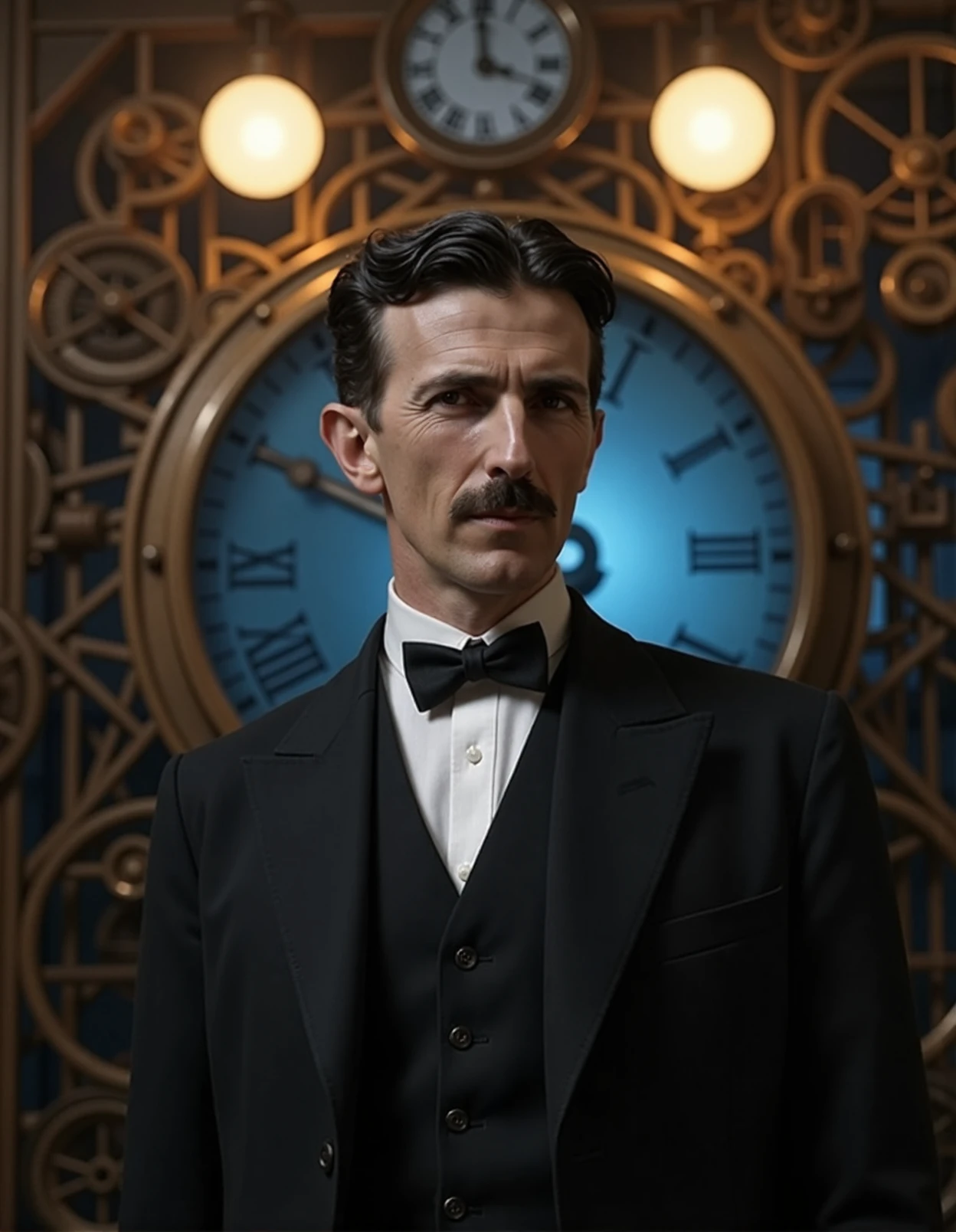 a highly detailed digital artwork depicting a man in a steampunk-inspired setting. The subject is a Caucasian man with a fair complexion, dark, slicked-back hair, and a well-groomed mustache. He has a strong, chiseled jawline and piercing eyes that give him a serious, confident expression. He is dressed in a formal black suit, white dress shirt, and a black bow tie, exuding a sophisticated and vintage vibe.
The background is an intricate, industrial-themed design dominated by a large, circular, metallic clockwork mechanism. The clockwork features numerous gears, cogs, and intricate mechanical components, all rendered in shades of brown and gold, creating a sense of depth and complexity. The clock's face is illuminated by a blue, ethereal glow, adding a magical element to the scene.
Two large, round, warm-glowing light fixtures are positioned at the top center of the image, casting a soft light that highlights the man's features and adds to the dramatic atmosphere. The overall color palette is dark and moody, with contrasts of light and shadow enhancing the visual impact. The image is a striking blend of science fiction and historical elegance, with a focus on meticulous detail and artistic precision. <lora:Tesla_instantID_OT_ep50:0.8>
