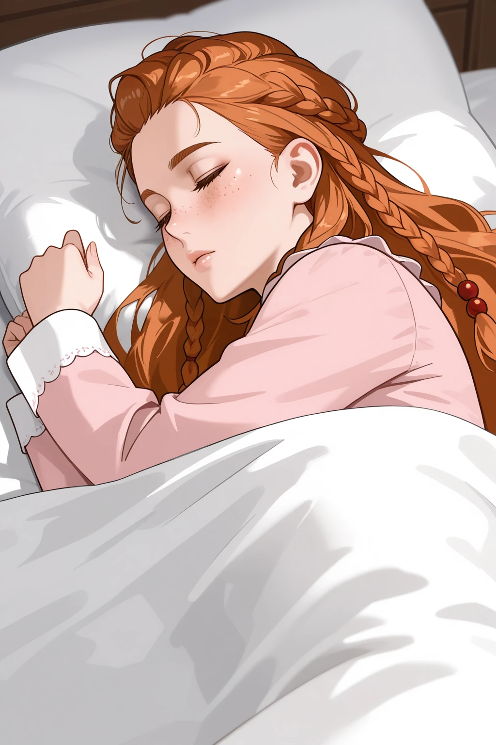 masterpiece, good quality, best quality, very awa, very as2, absurdres, highres
<lora:AloyilluLoRA:1>aly, long hair, multiple braids, freckles, hair ornament, pajamas, on bed, sleeping,mature