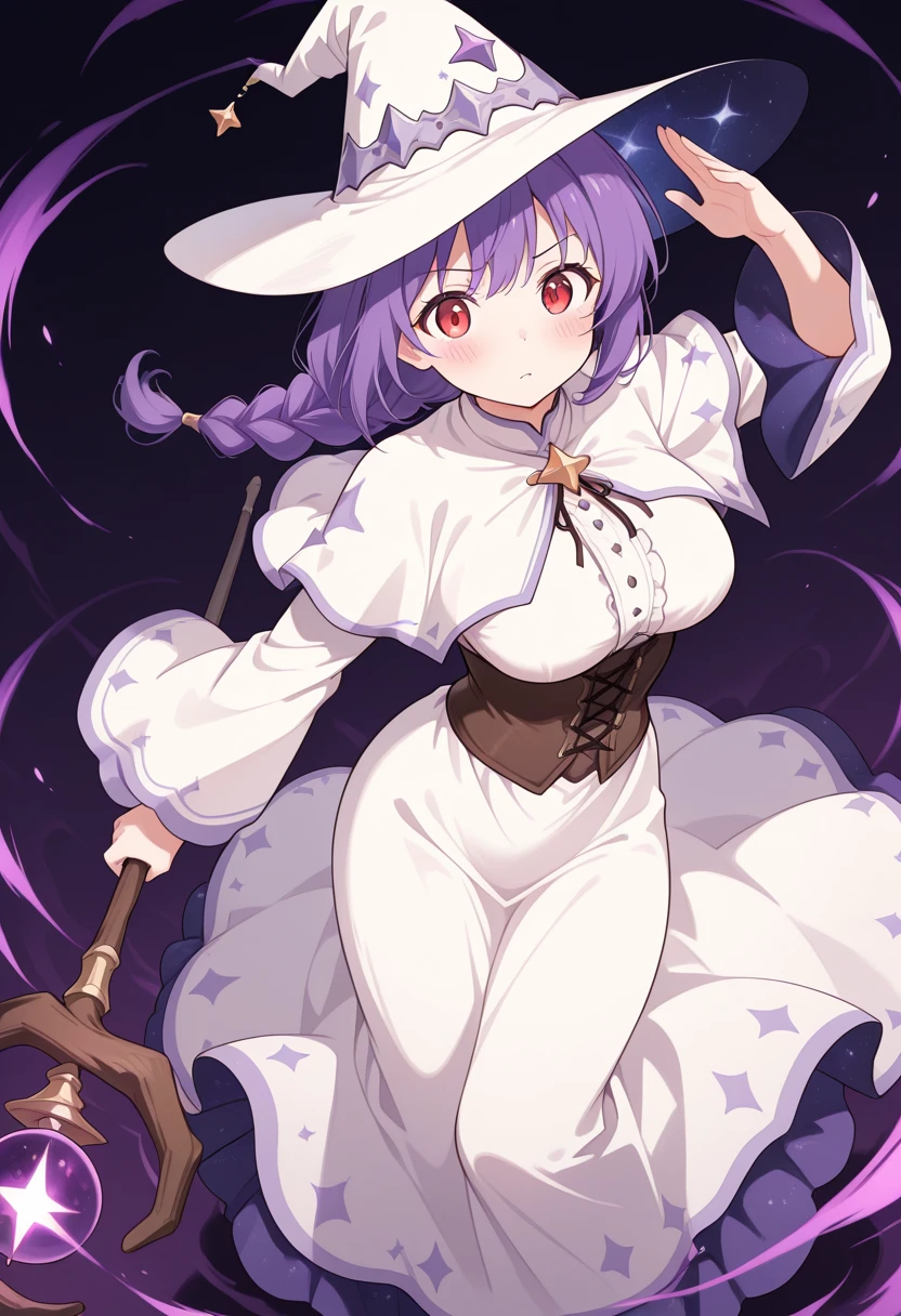 ((action)),action_pose,simple background, holding_staff,dynamic pose,((dynamic_angle,perspective)),red eyes,
<lora:darkeffect_illustrious_v3-000009:.6>,darkeffect,
outdoors,dark,darkness,dark aura,vortex
BREAK
melitaphyllis, 1girl, breasts, blush, bangs, long sleeves, hat, dress, purple hair, wide sleeves, star, (symbol), white dress, capelet, witch hat, white headwear, corset, long dress, underbust, witch, white capelet, <lora:melita_phyllis_v1_illustrious:1>,white dress, braid, braided ponytail,