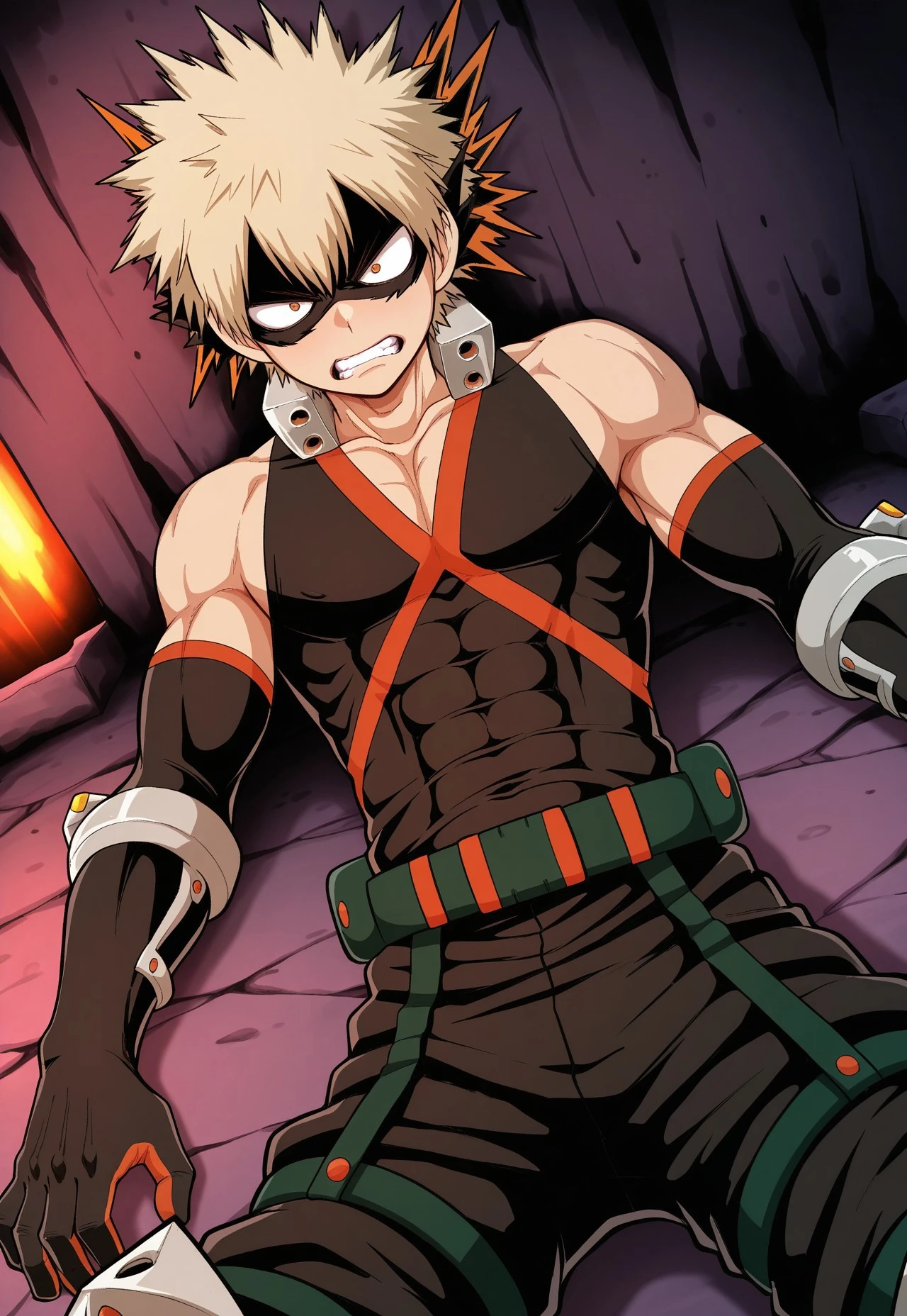 1boy, solo, katsuki_bakugou, male focus, bodysuit, clenched teeth, lying against wall, serious look, underground room, cowboy shot, dutch angle, dynamic angle, masterpiece, best quality, amazing quality