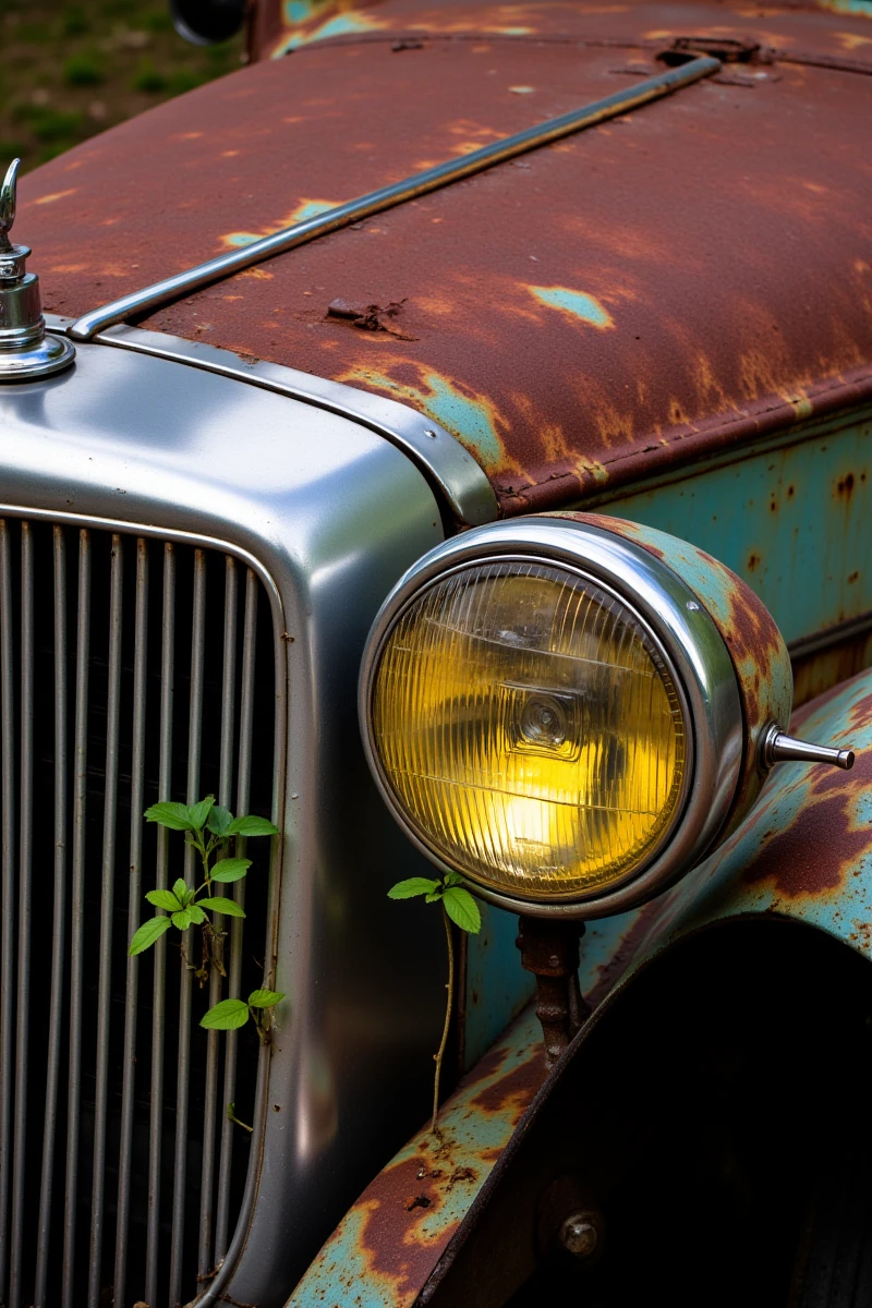 Rust_Decay,Enhanced_Lighting_and_Textures,The image features a close-up view of a vintage car's front end, showcasing signs of significant wear and age. The vehicle's paint is faded and chipped, with areas of rust and corrosion visible on the hood and around the headlight. The headlight itself is intact but appears aged, with a yellowed lens and a classic round design. The car's grille is prominent, with vertical chrome bars that reflect the light, adding a touch of elegance to the otherwise worn exterior. A small plant is growing near the grille, indicating the car has been stationary for a considerable time. The background is out of focus, emphasizing the car's details and the textures of decay. The overall atmosphere is one of nostalgia and the passage of time, as the car stands as a relic of a bygone era.