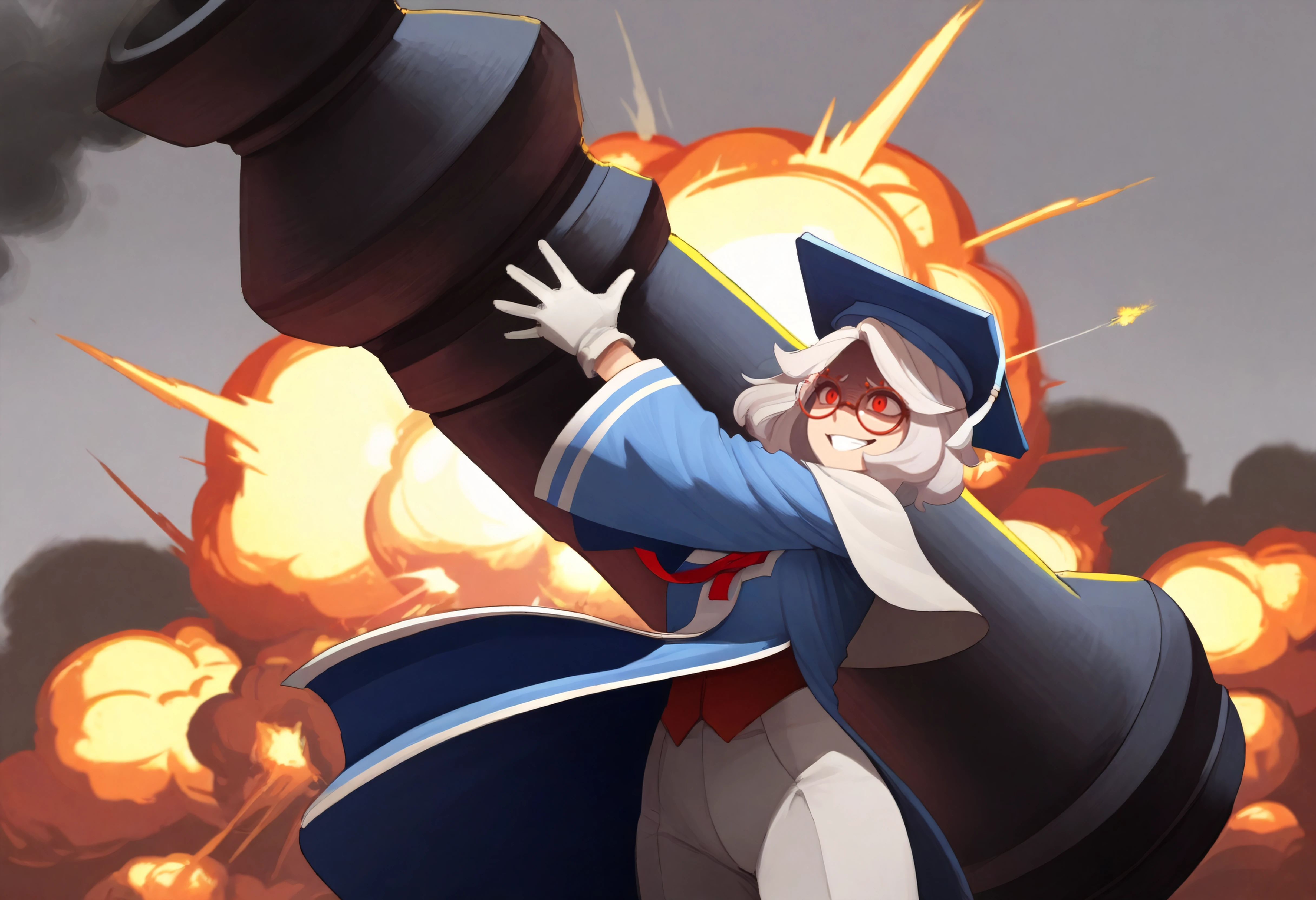 masterpiece, best quality, absurdres, 1girl, alternate costume,prhn11, white hair, red eyes, red-framed glasses, short hair,mortarboard, momon11, ,blue robes, white trim, white capelet, red ribbon, white pants, white gloves, holding huge cannon,weapon,evil grin,firing,shooting,wind,shaded face,smoke,upper body,explosion,recoil <lora:prah_n11:0.8> <lora:momo_n11:0.8> <lora:susho_n11:0.8>